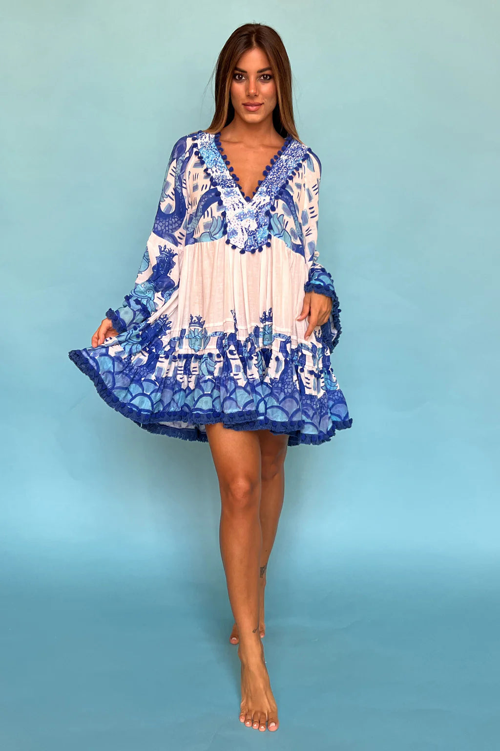 Blue And White Pom Pom Dress/Top