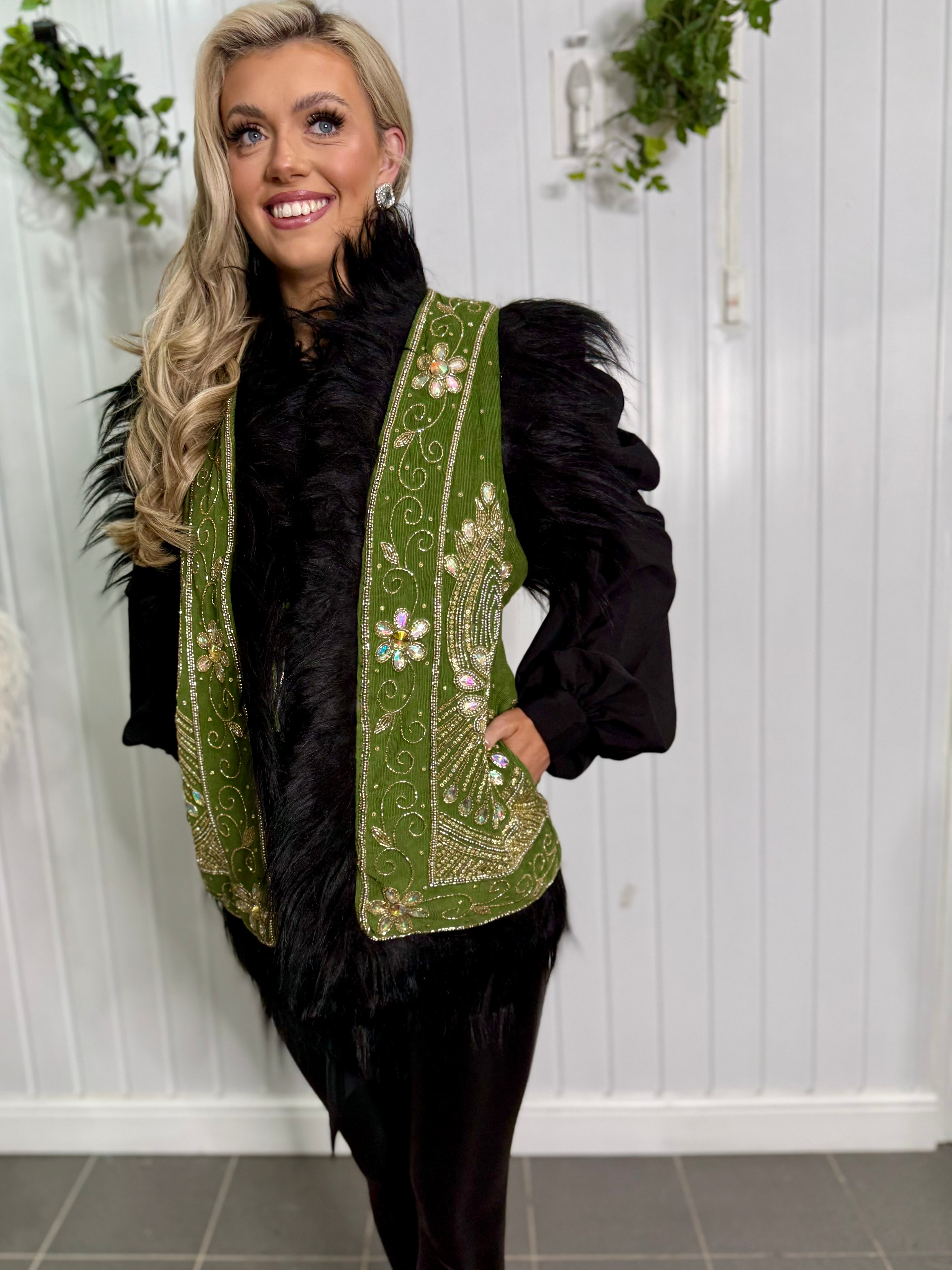 Khaki & Black Embellished Faux Fur Gilet