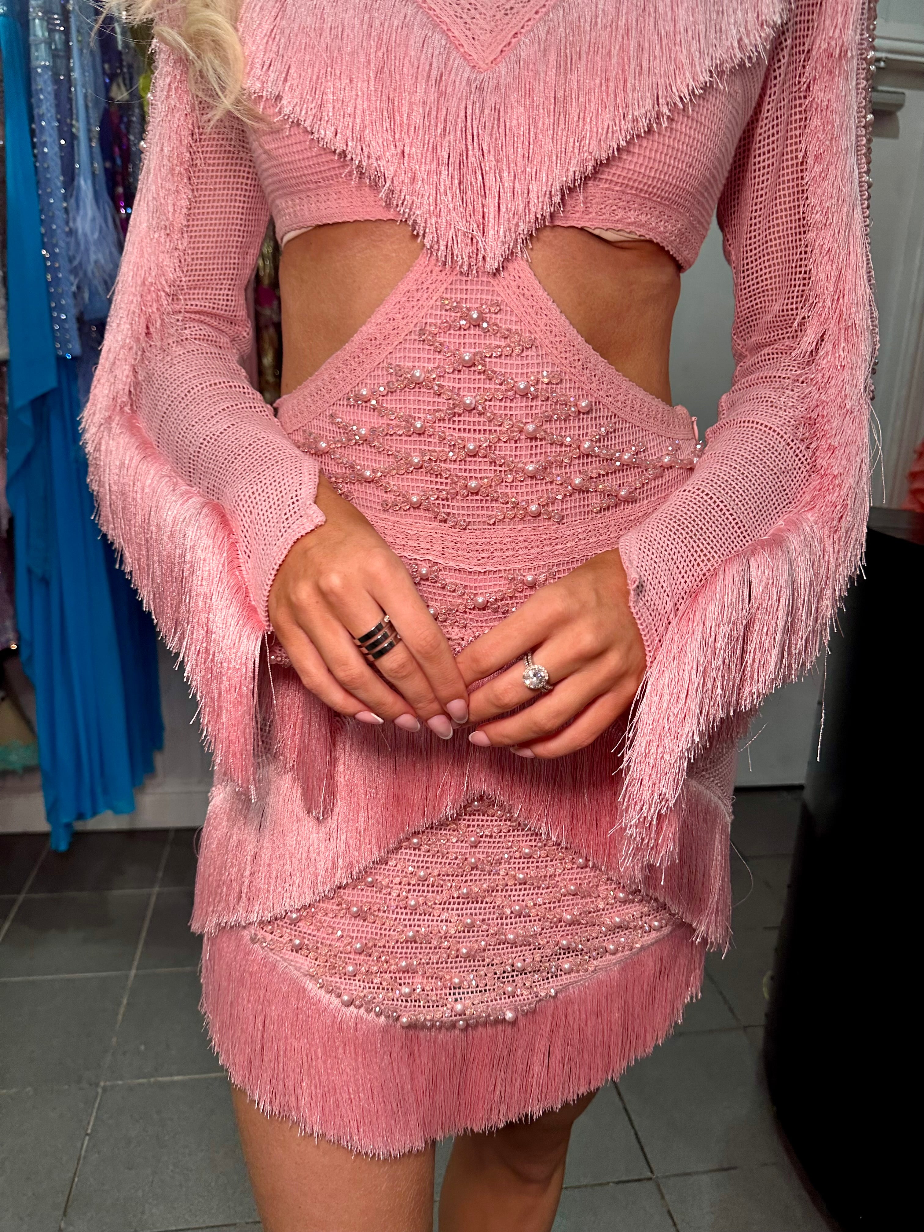 Diamond For Eden - Pink Embellished Beaded Fringe Dress