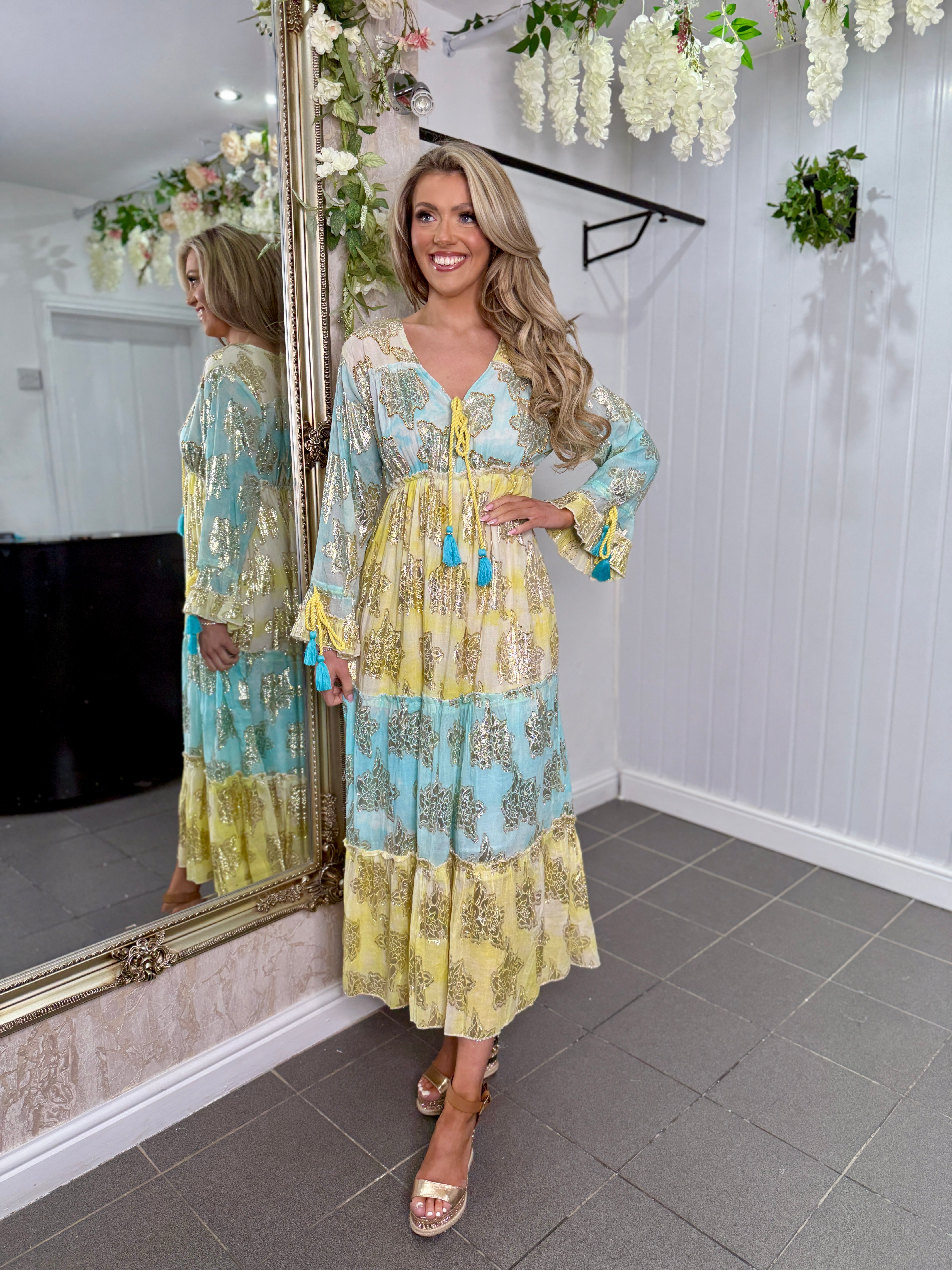 Yellow Embellished Gold Metallic Maxi Dress