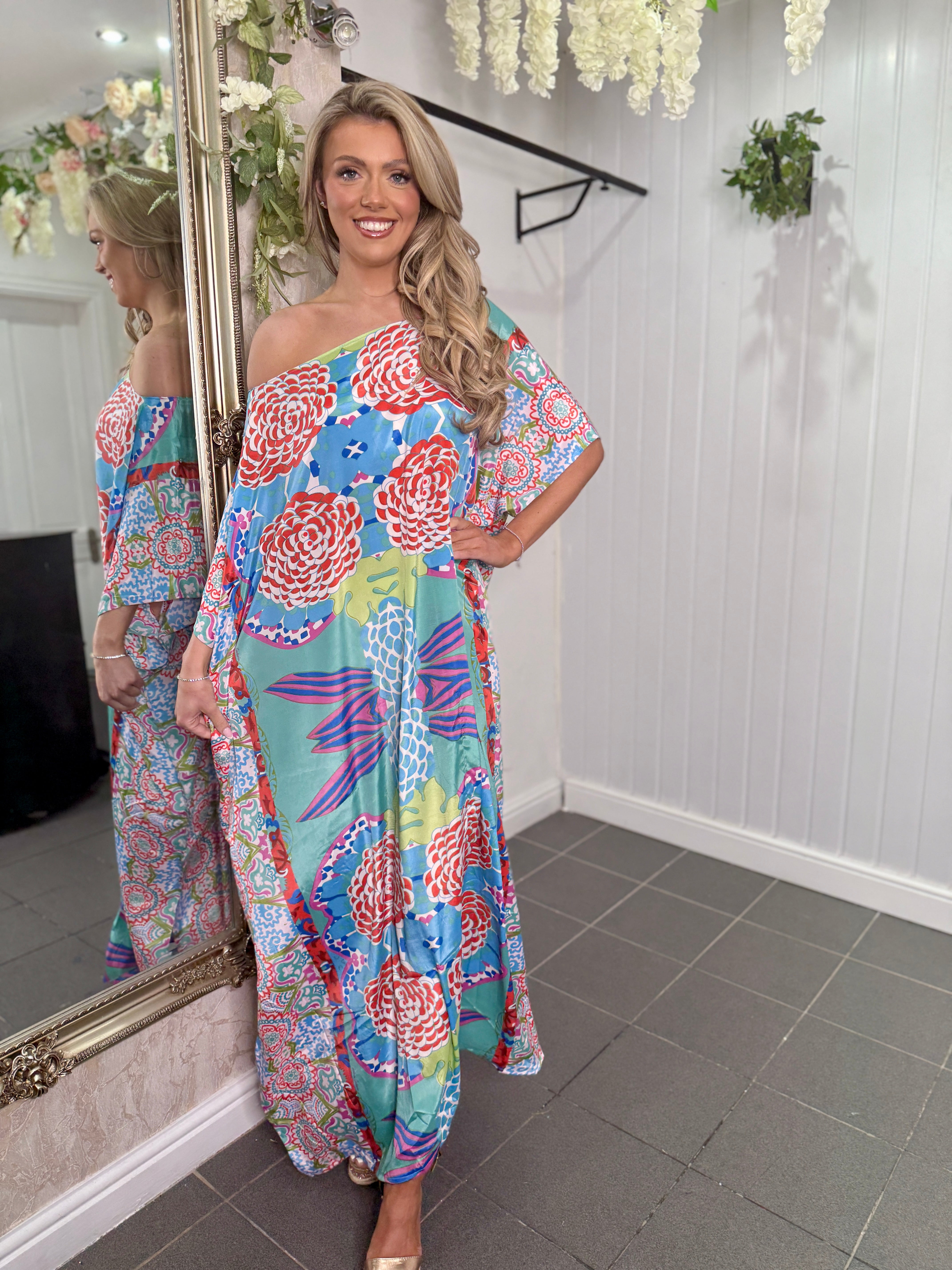 Blue Multicoloured Satin Maxi Dress