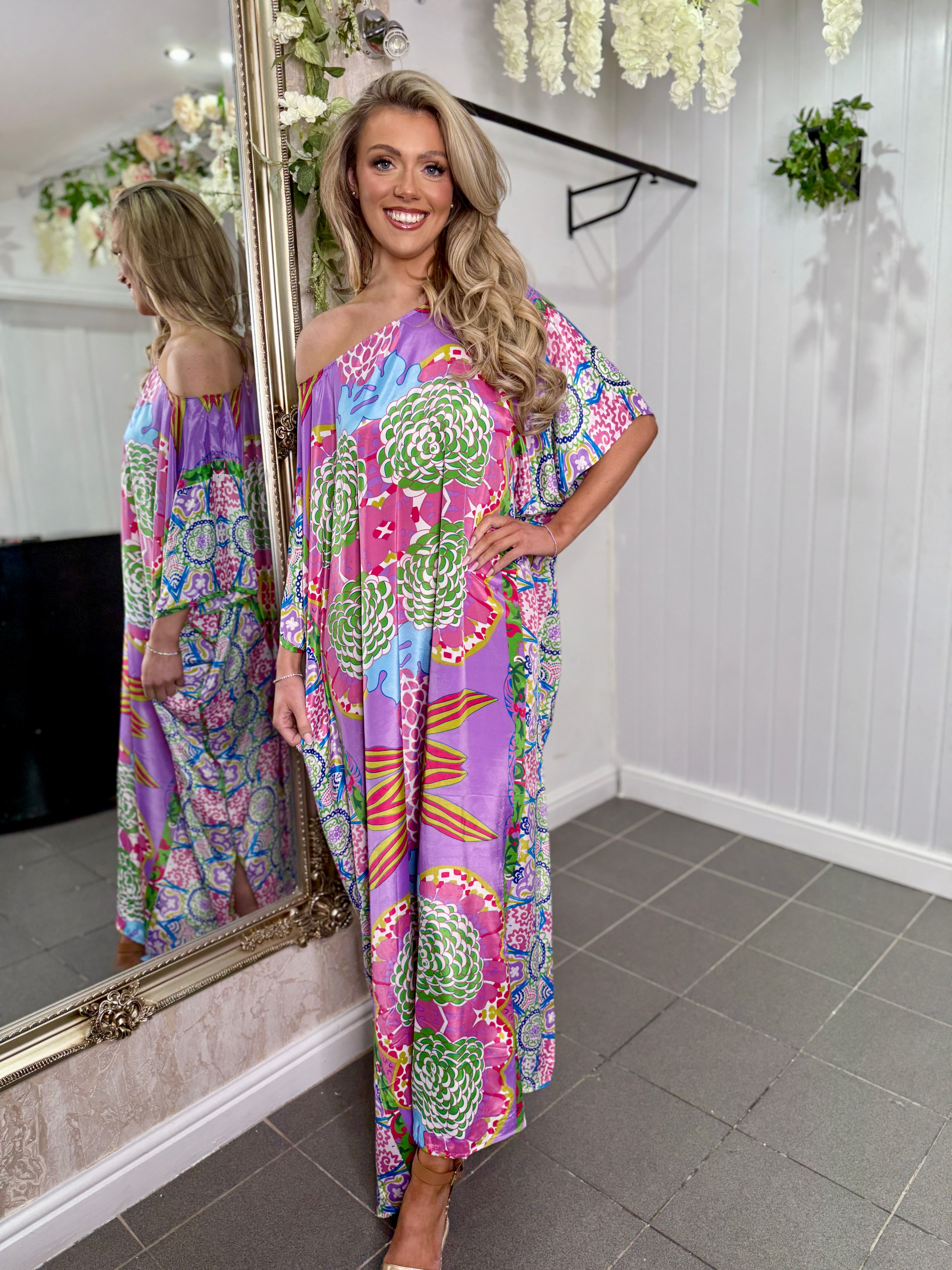 Lilac Multicoloured Satin Maxi Dress