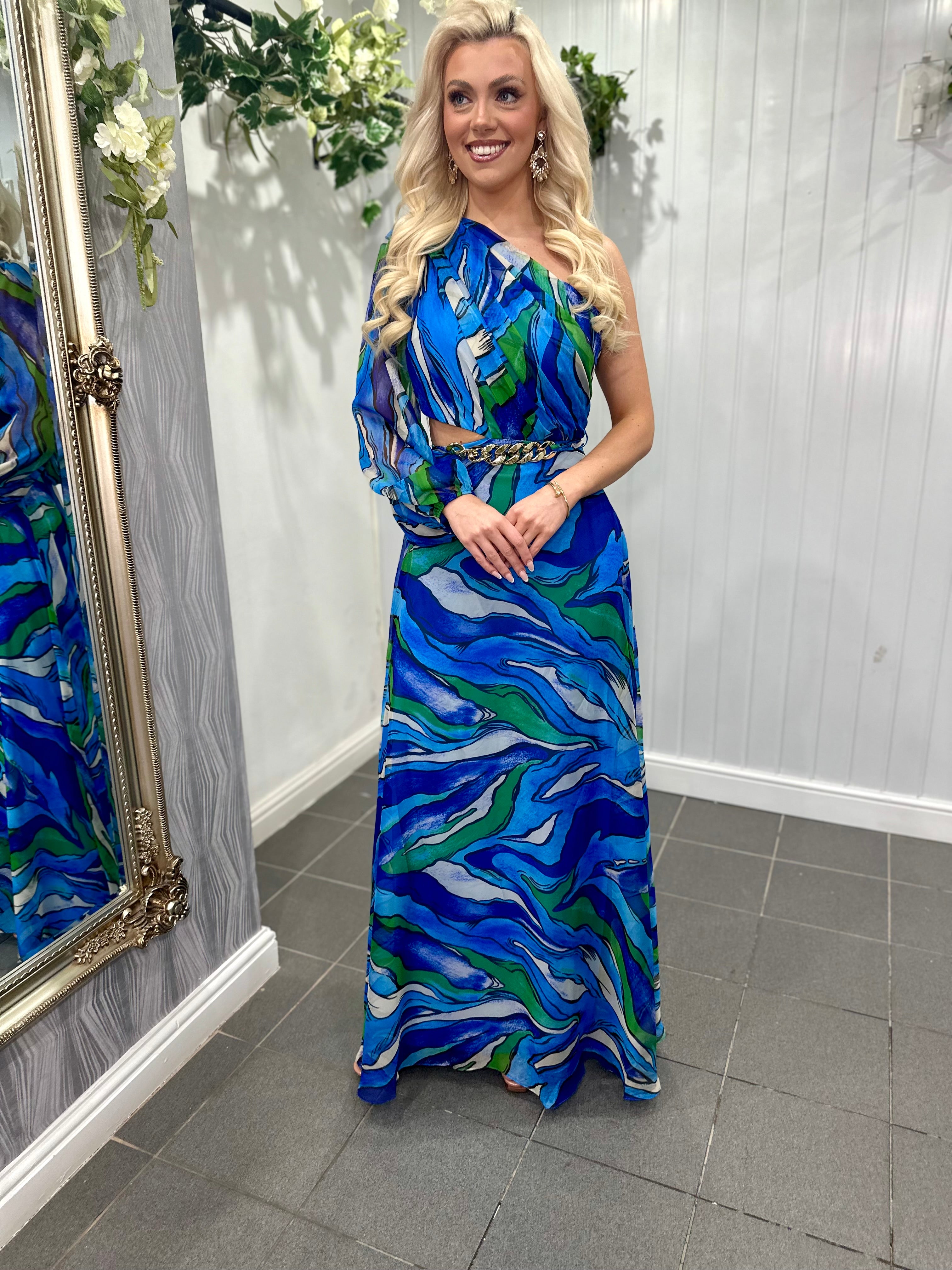 Blue One Shoulder Cut Out Maxi Dress