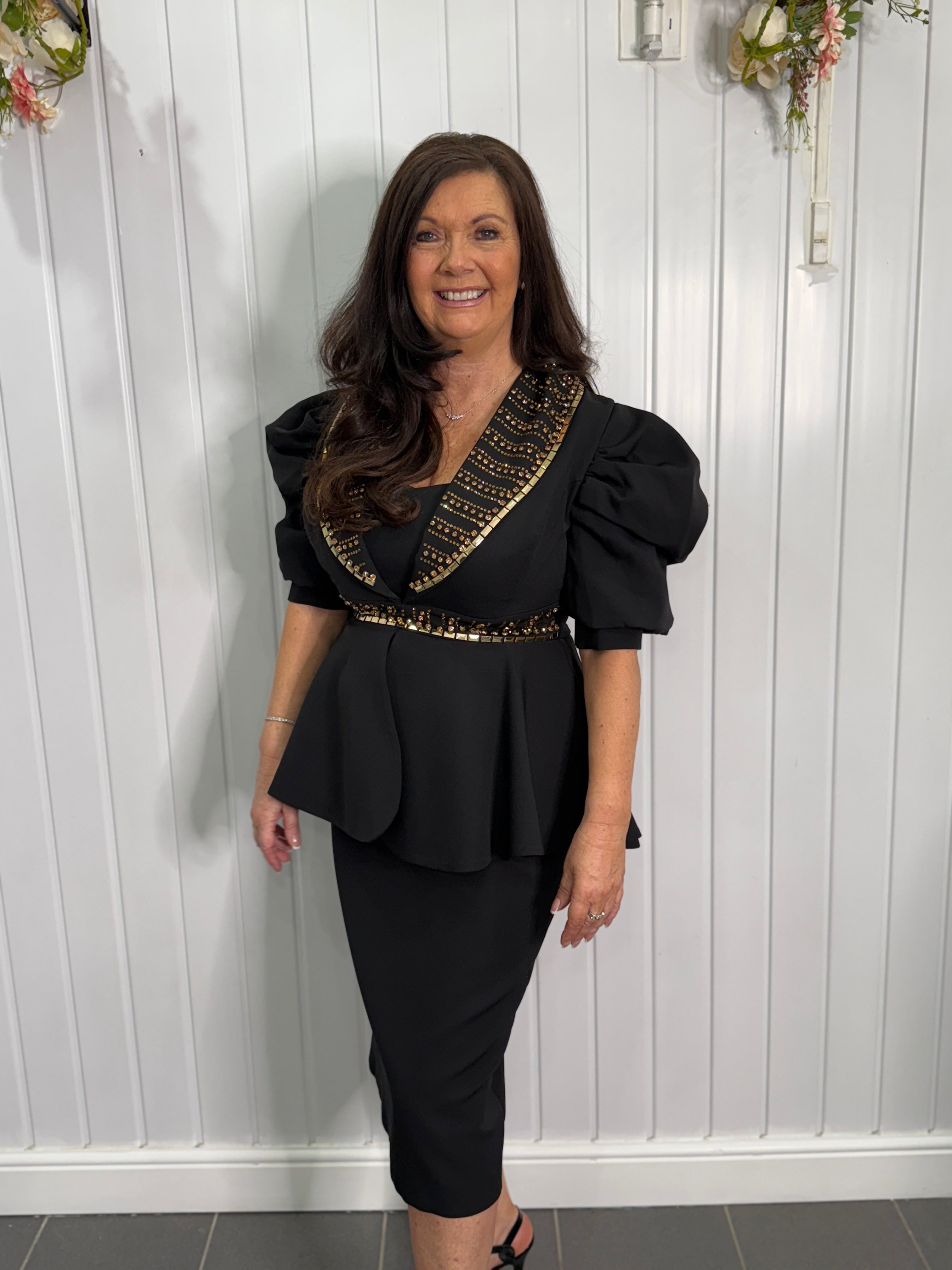 Black Embellished Peplum Midi Dress