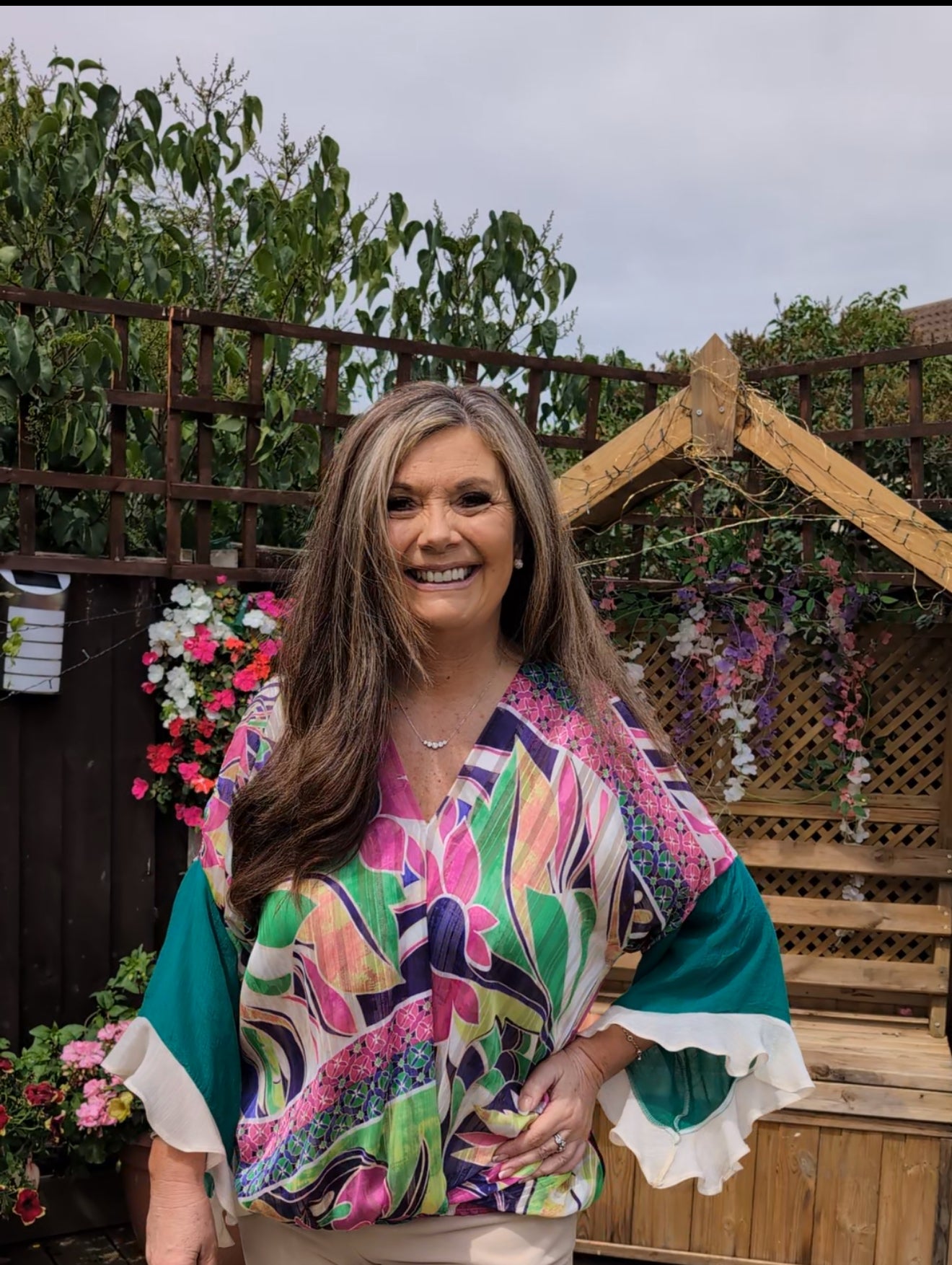 Jeff Gallano Green Multi Frill Sleeve Gold Thread Top