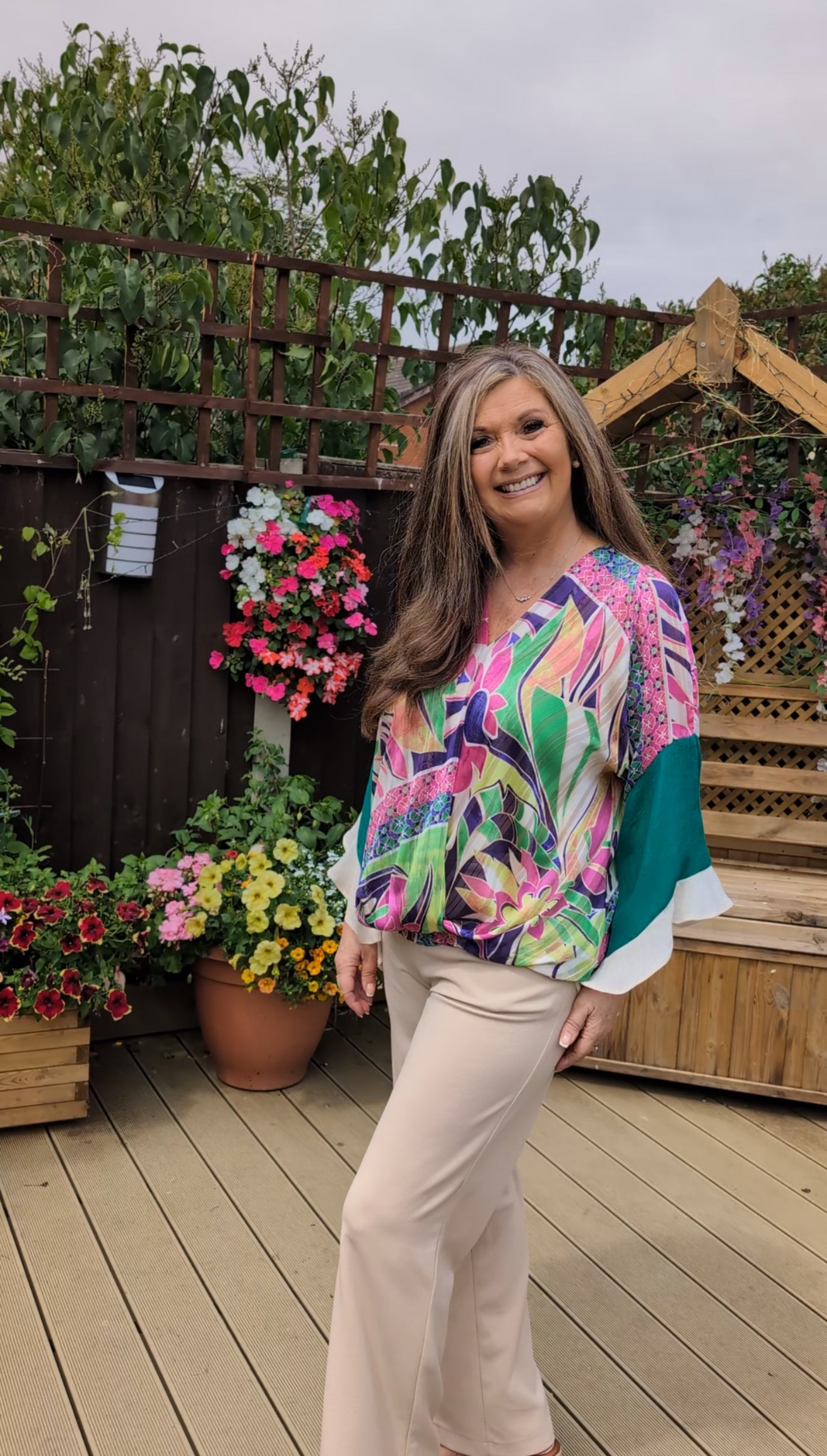 Jeff Gallano Green Multi Frill Sleeve Gold Thread Top