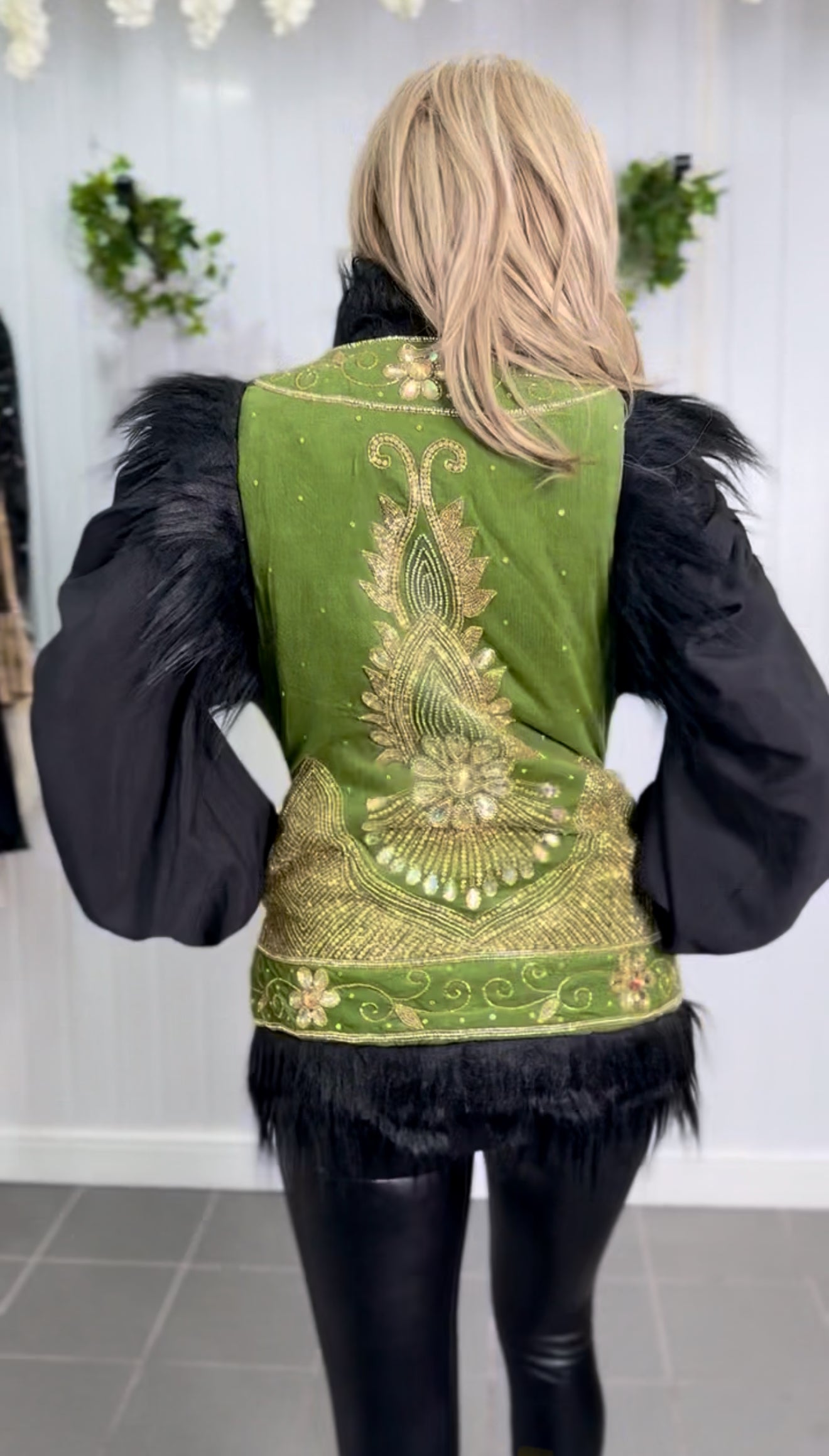 Khaki & Black Embellished Faux Fur Gilet