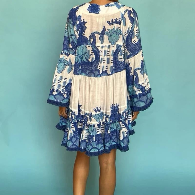 Blue And White Pom Pom Dress/Top