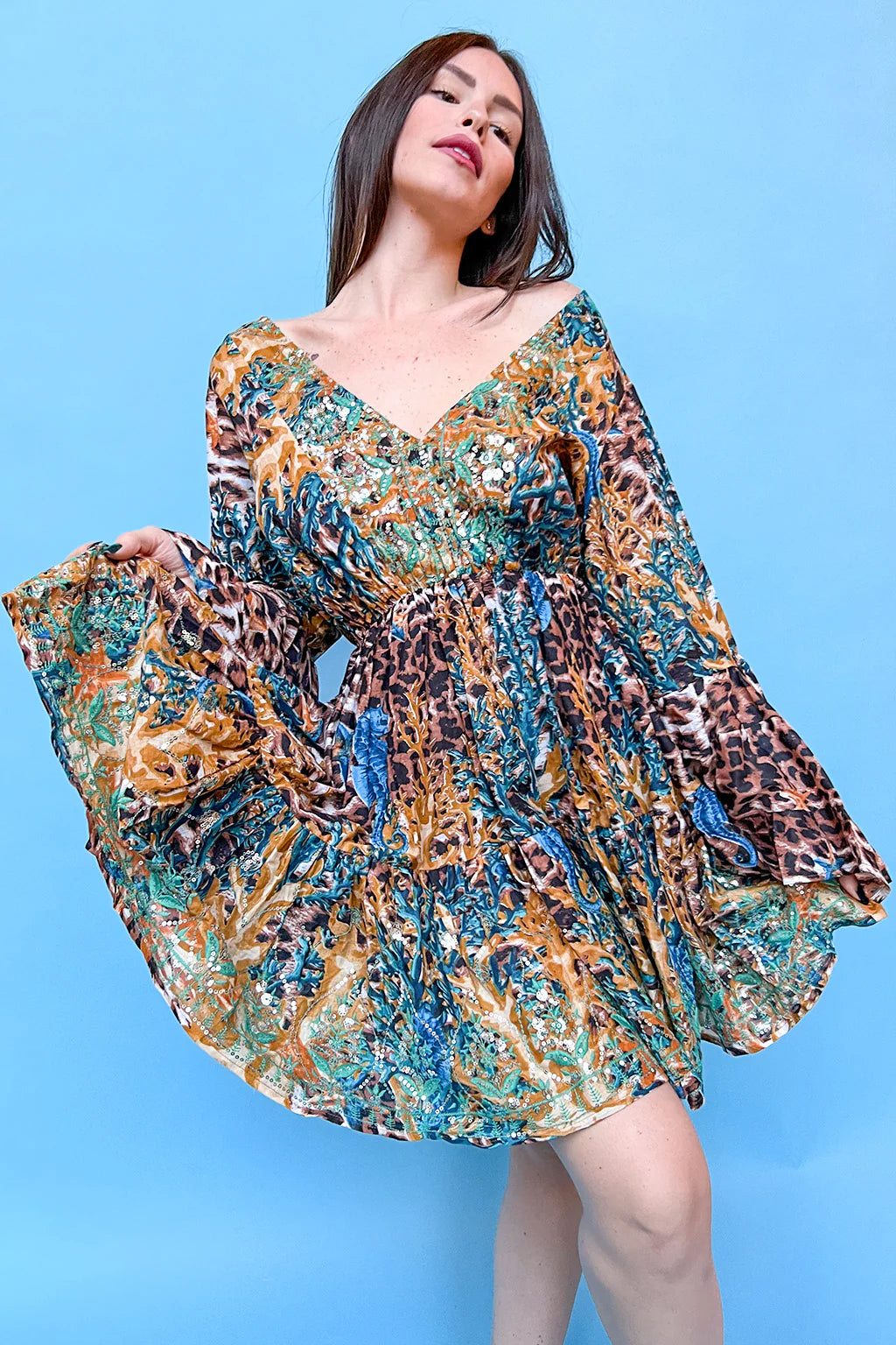 Animal Print Embellished Frill Sleeve Dress