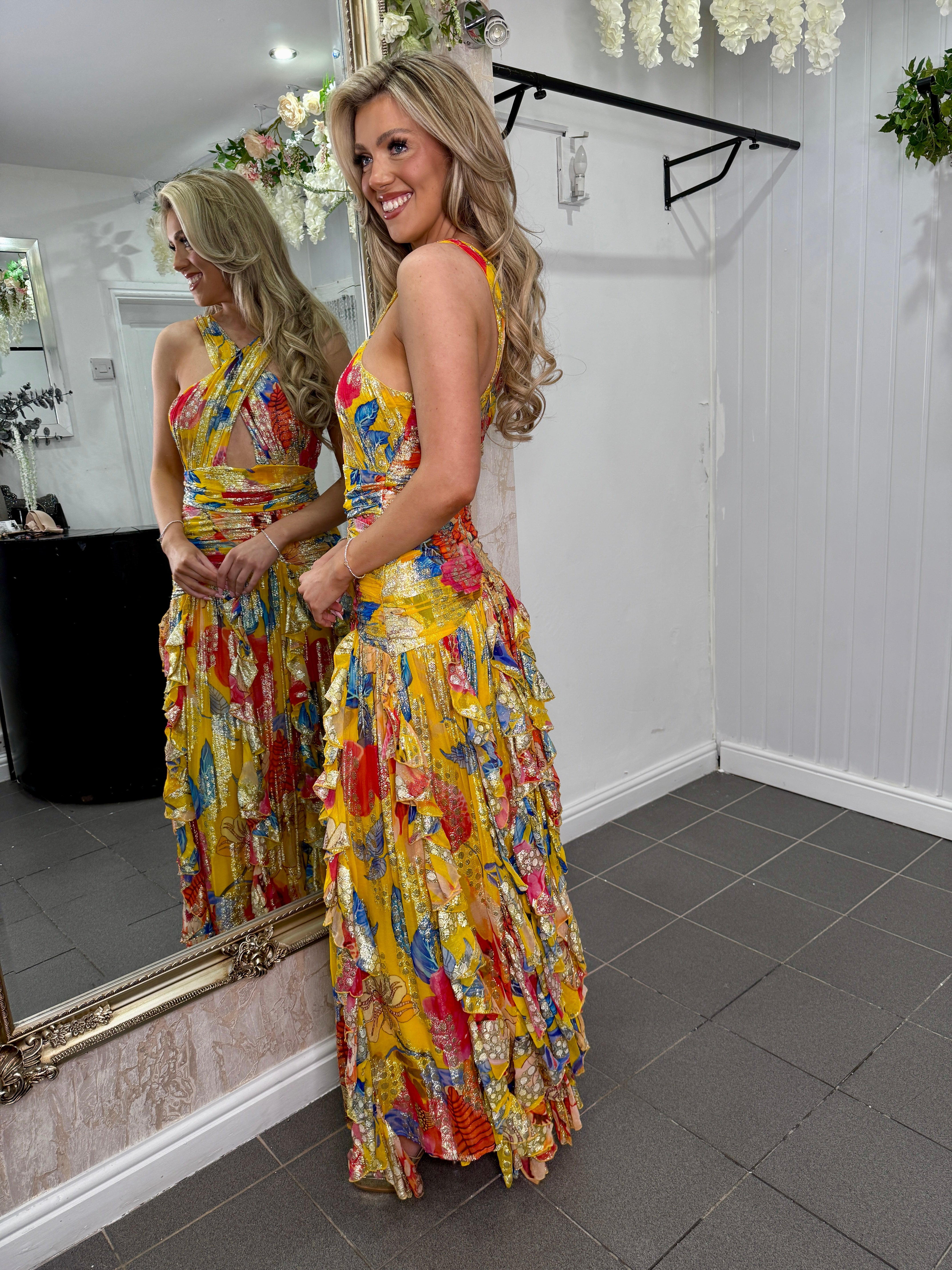 Diamond For Eden - Multicoloured Gold Foil Frill Maxi Dress