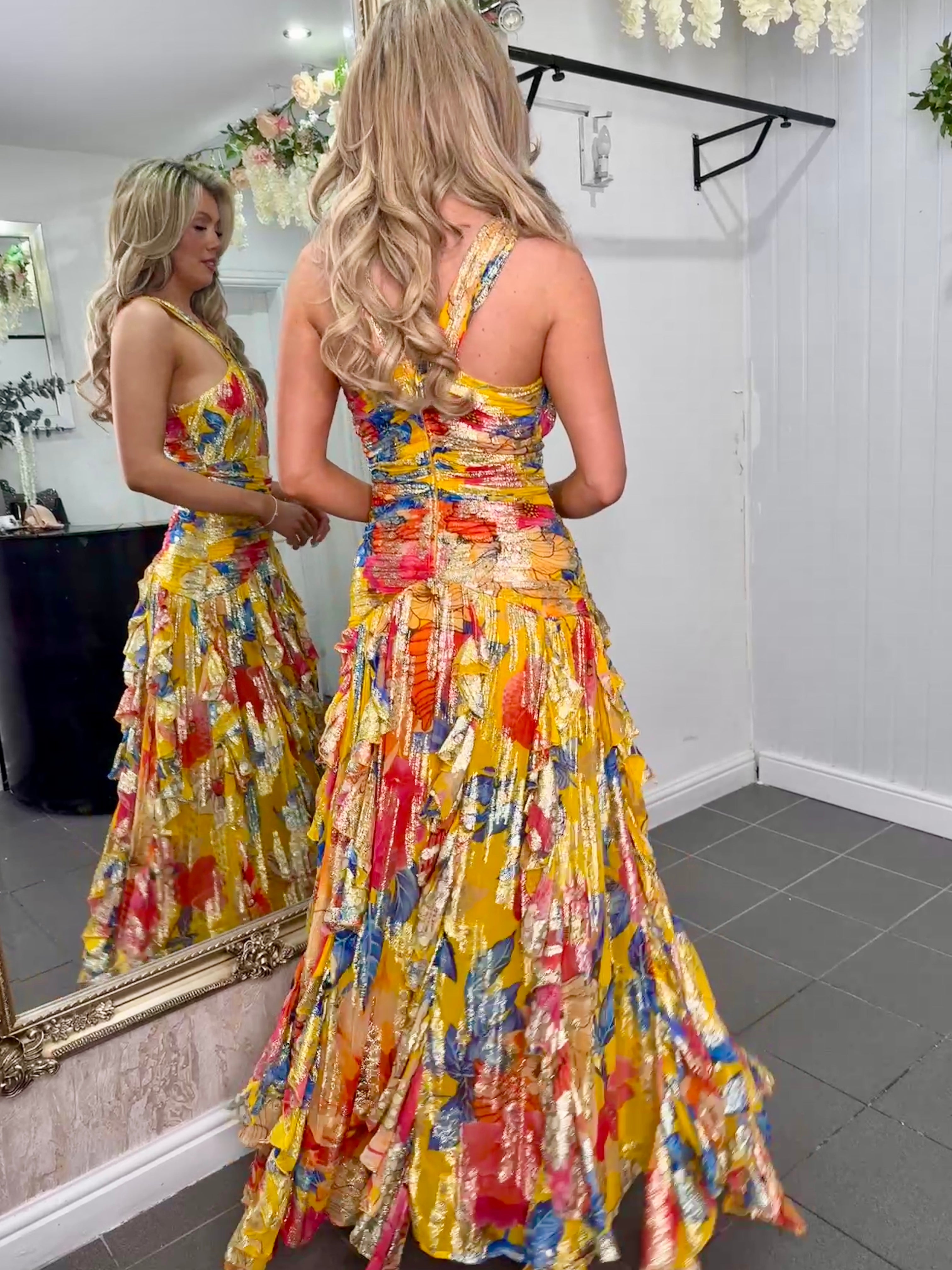 Diamond For Eden - Multicoloured Gold Foil Frill Maxi Dress