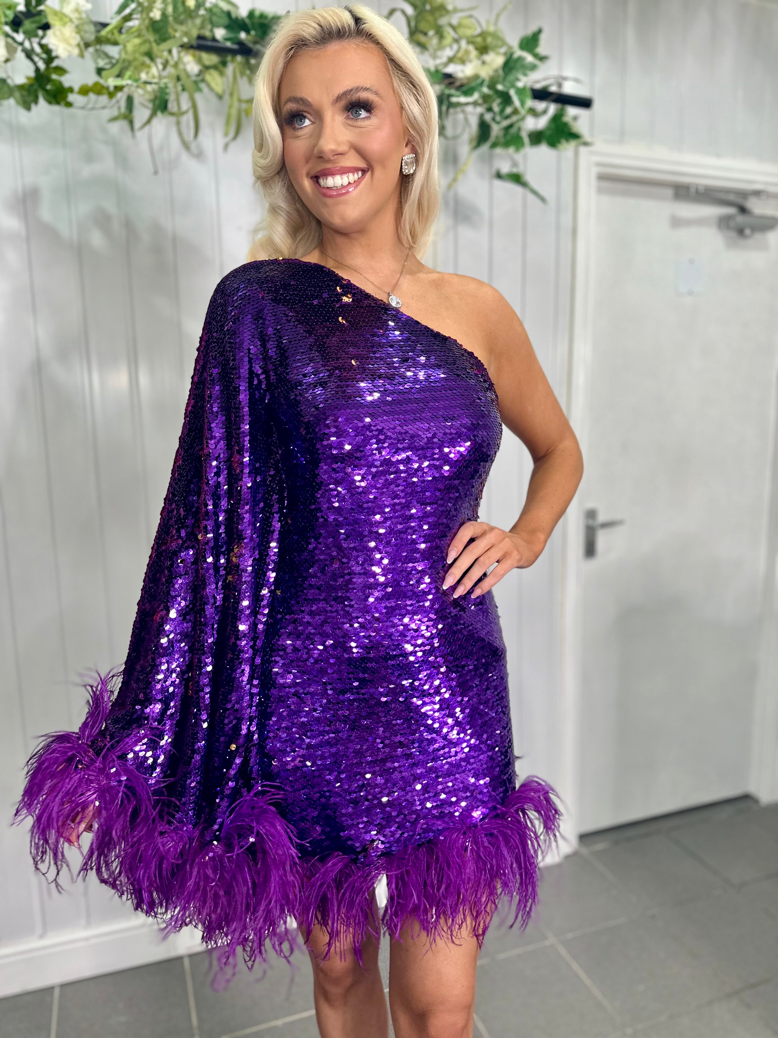 Diamond For Eden Purple Feather Sequin Mini Dress