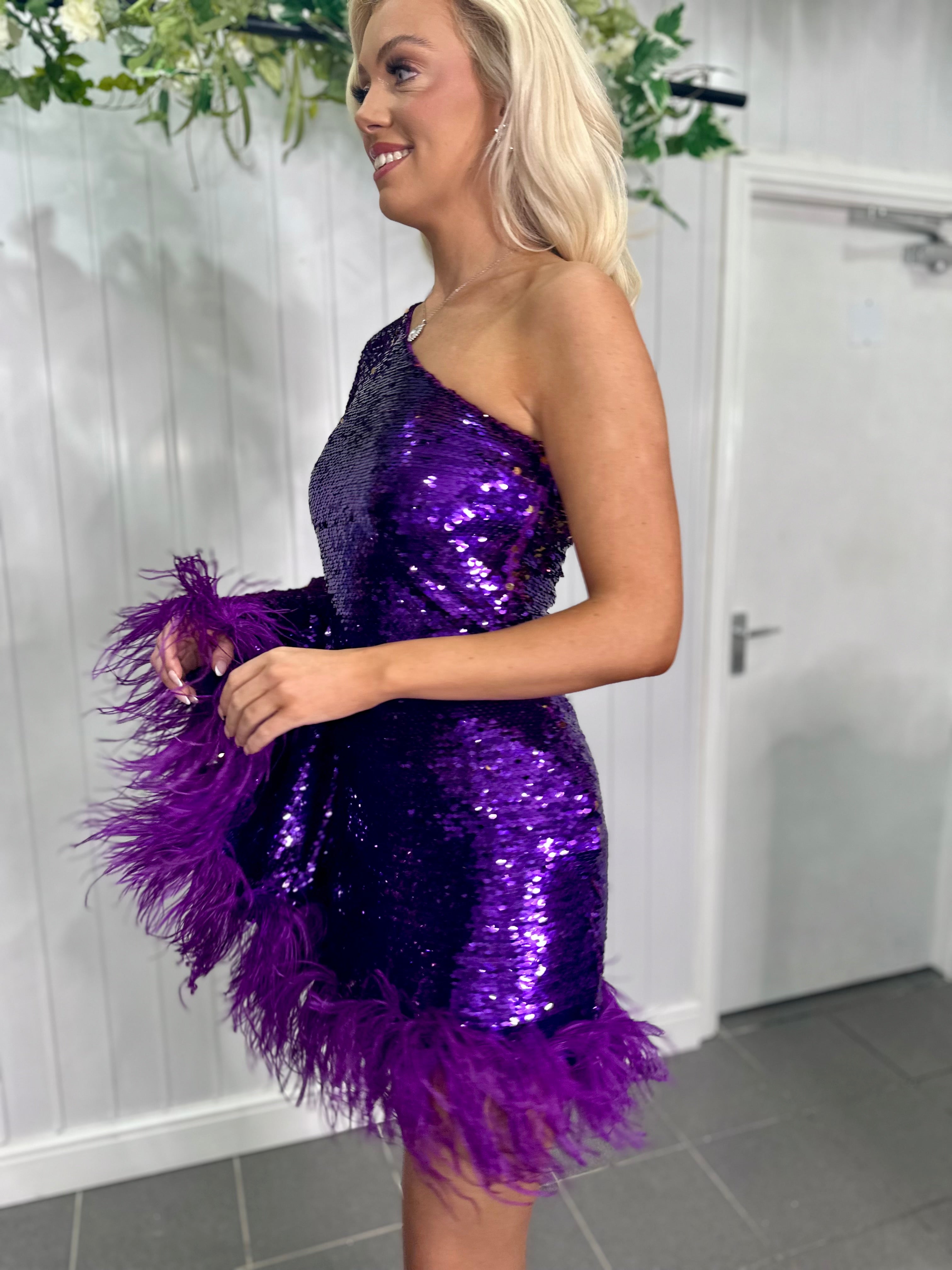 Diamond For Eden Purple Feather Sequin Mini Dress