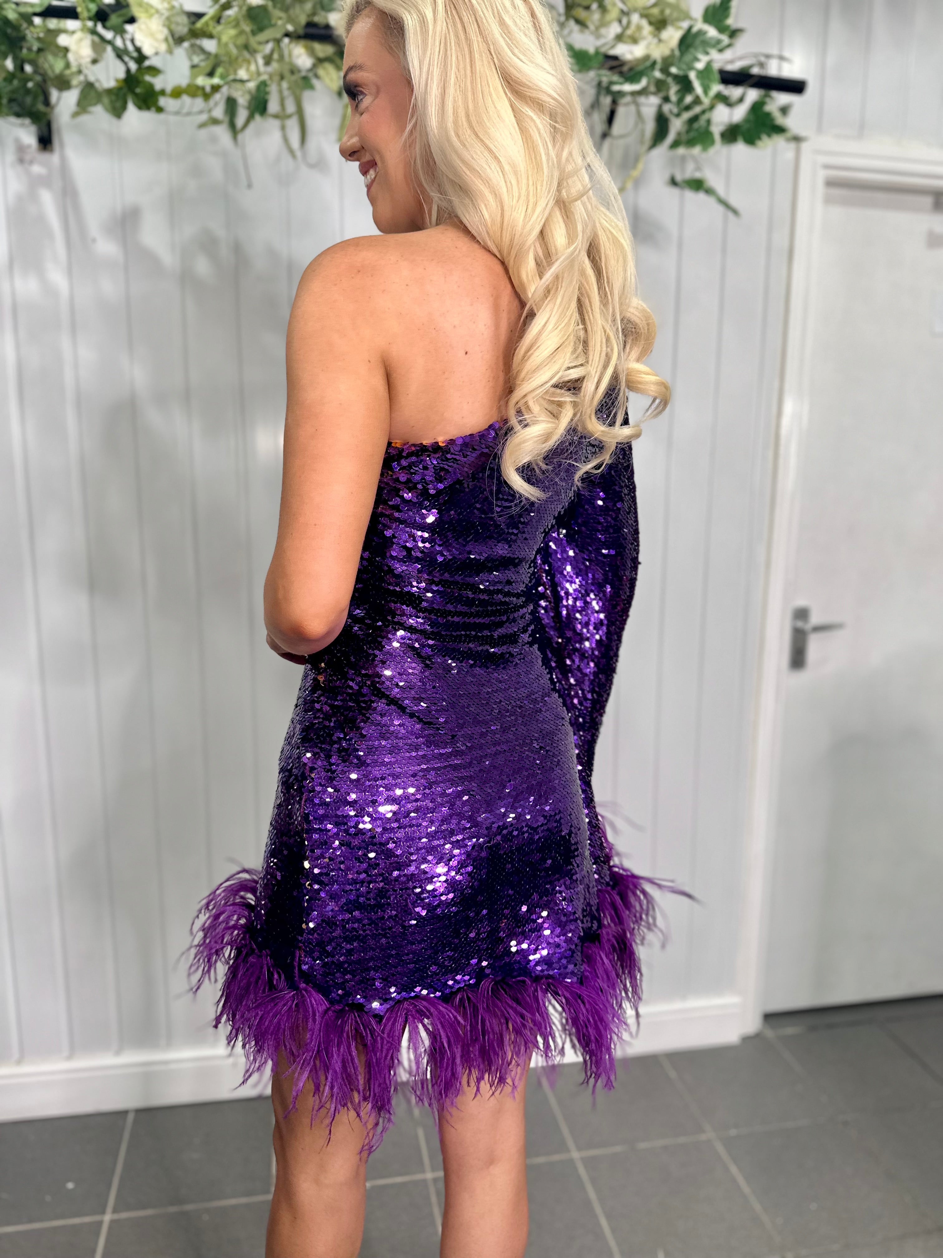 Diamond For Eden Purple Feather Sequin Mini Dress