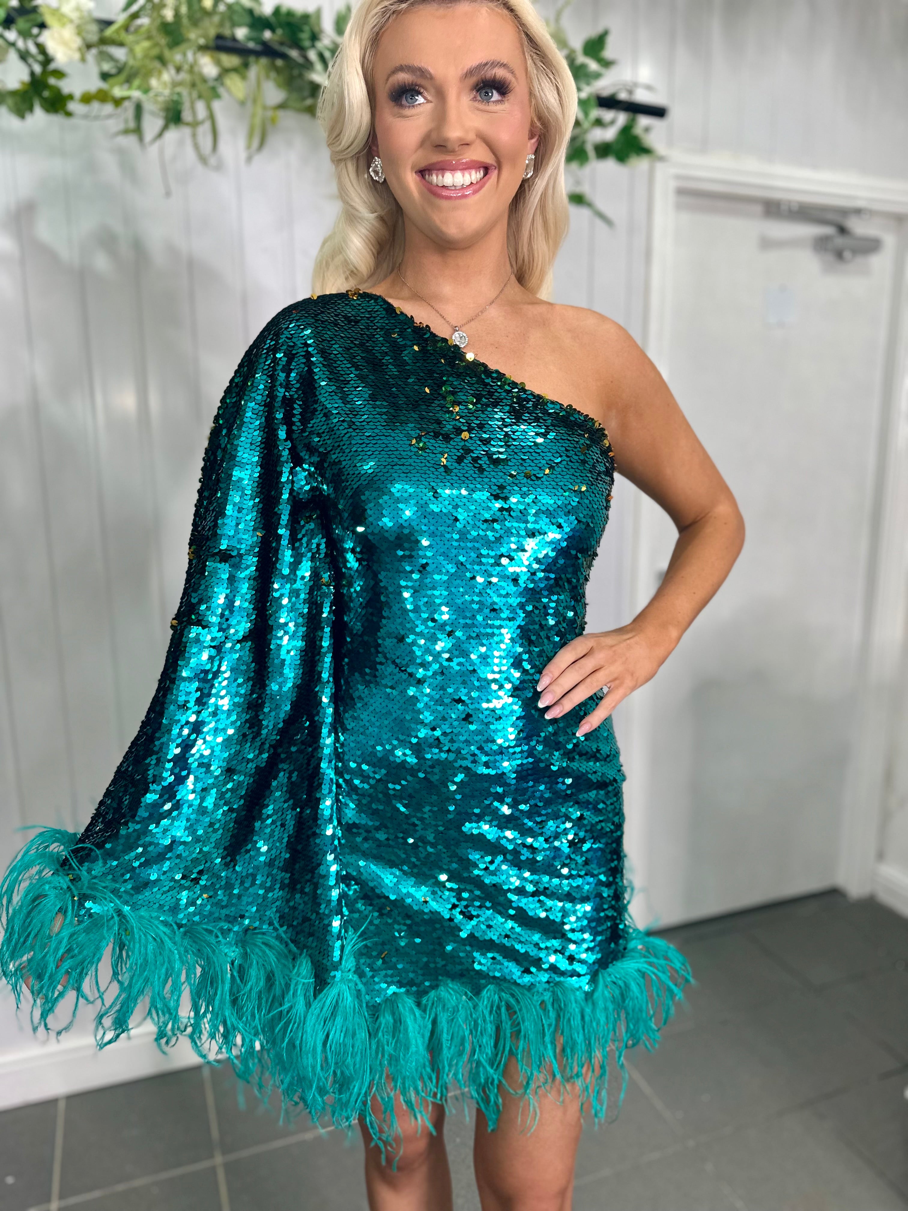 Diamond For Eden Green Feather Sequin Mini Dress