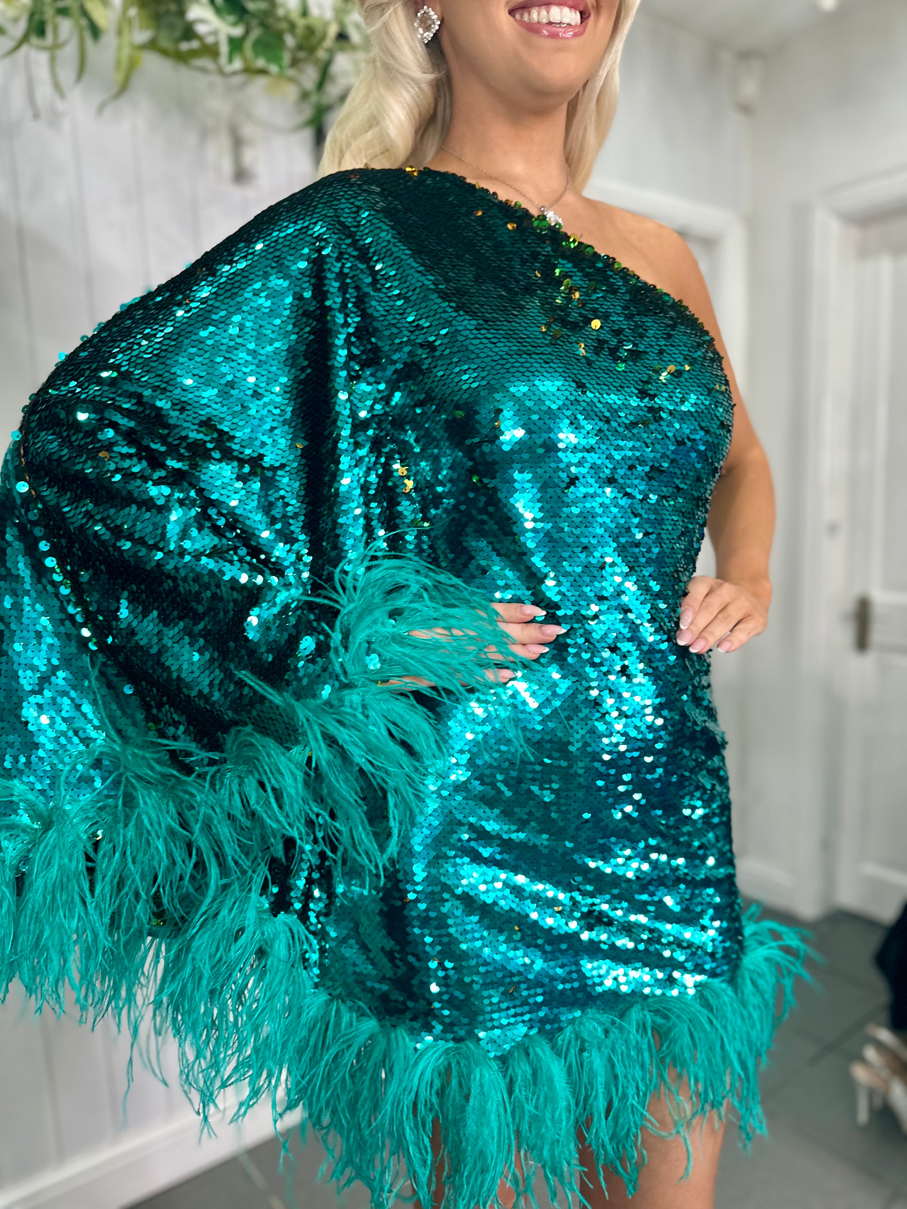 Diamond For Eden Green Feather Sequin Mini Dress