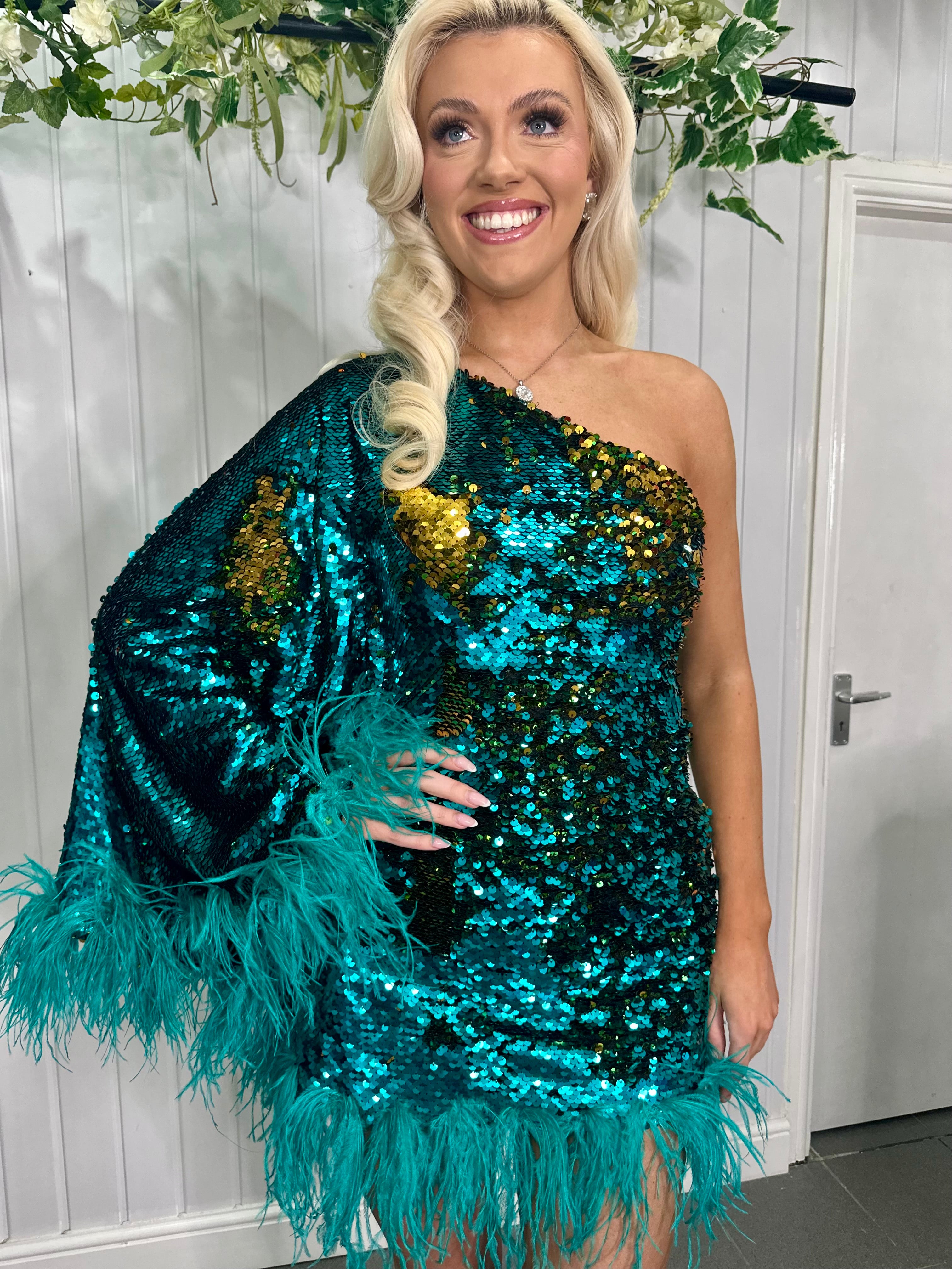 Diamond For Eden Green Feather Sequin Mini Dress