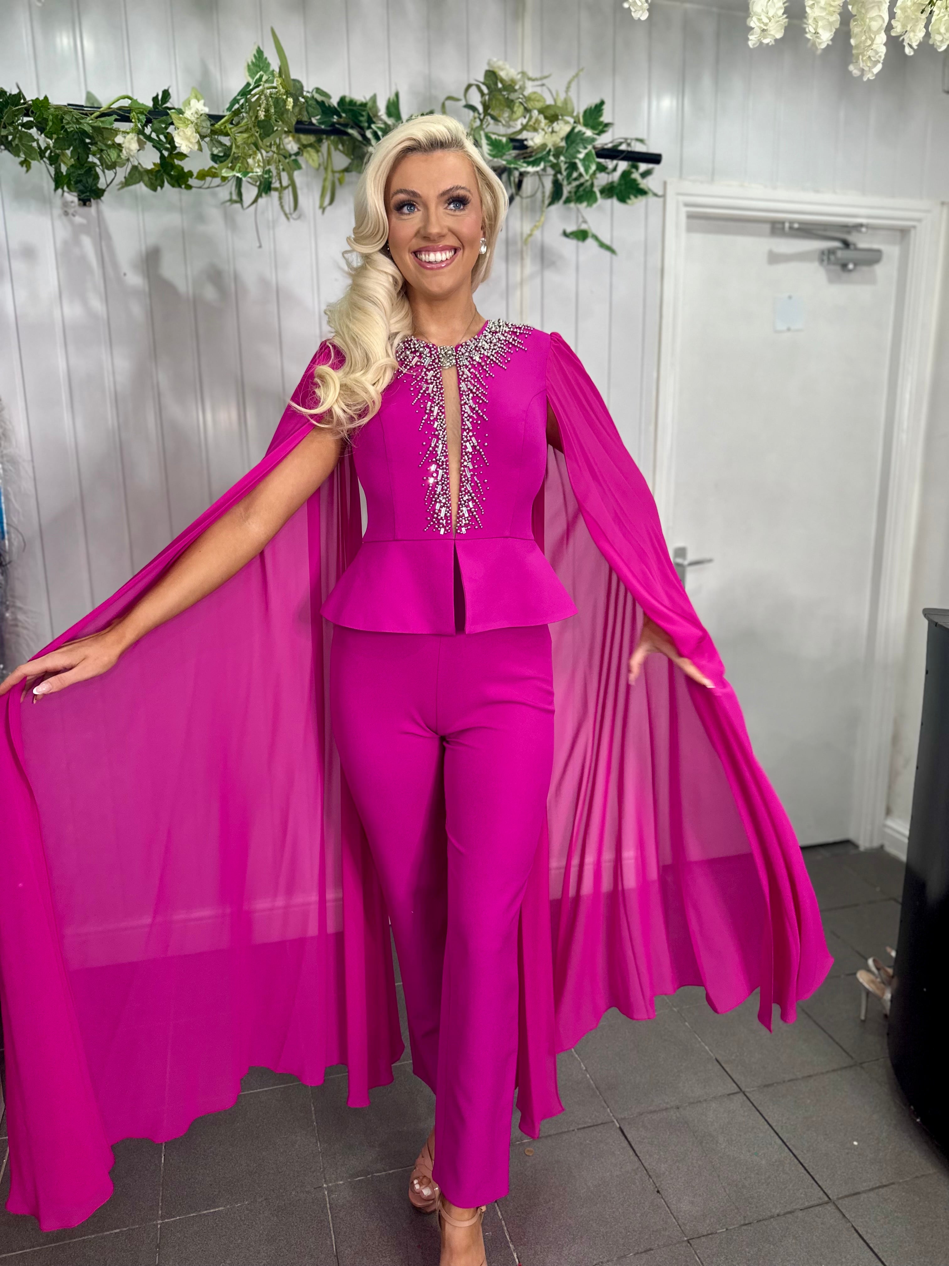 Fuchsia Embellished Cape Jumpsuit