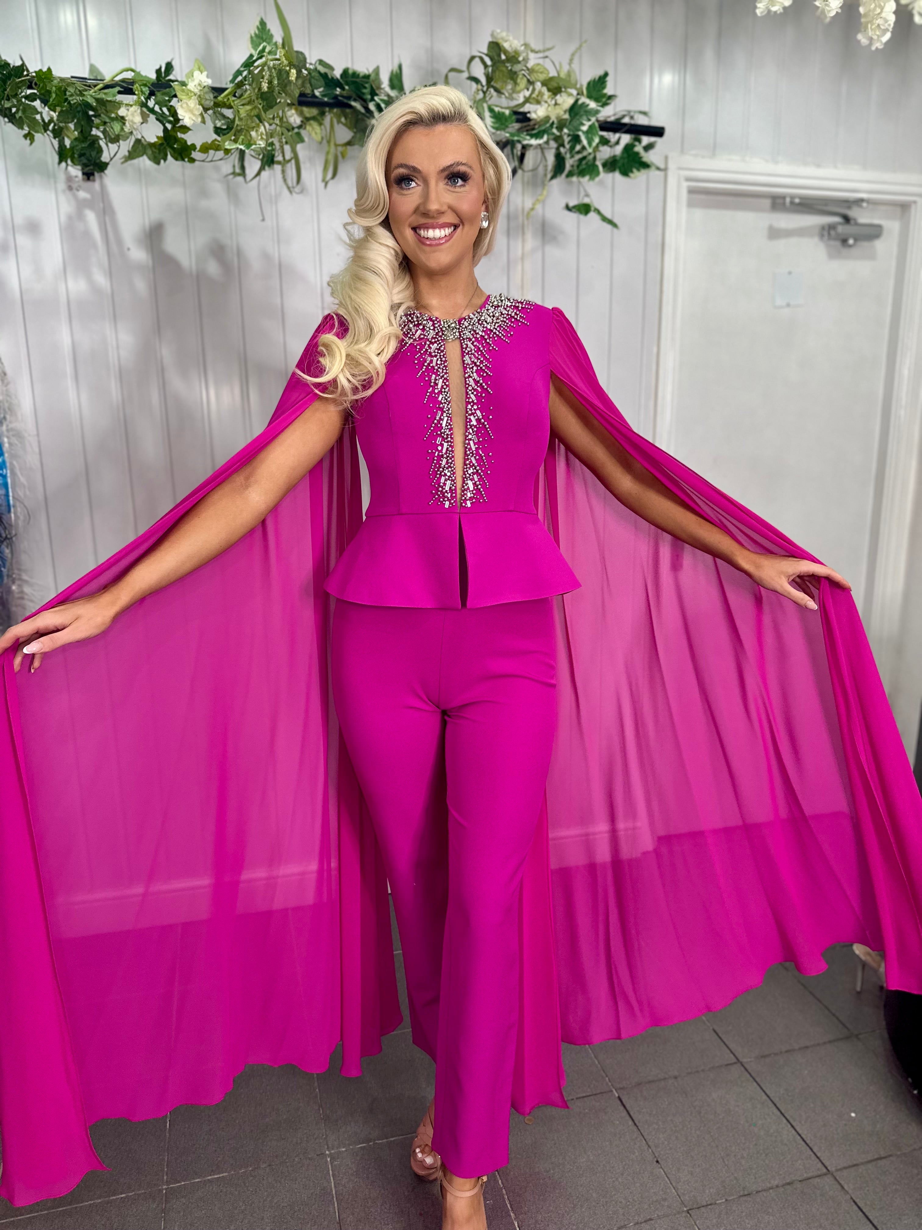 Fuchsia Embellished Cape Jumpsuit