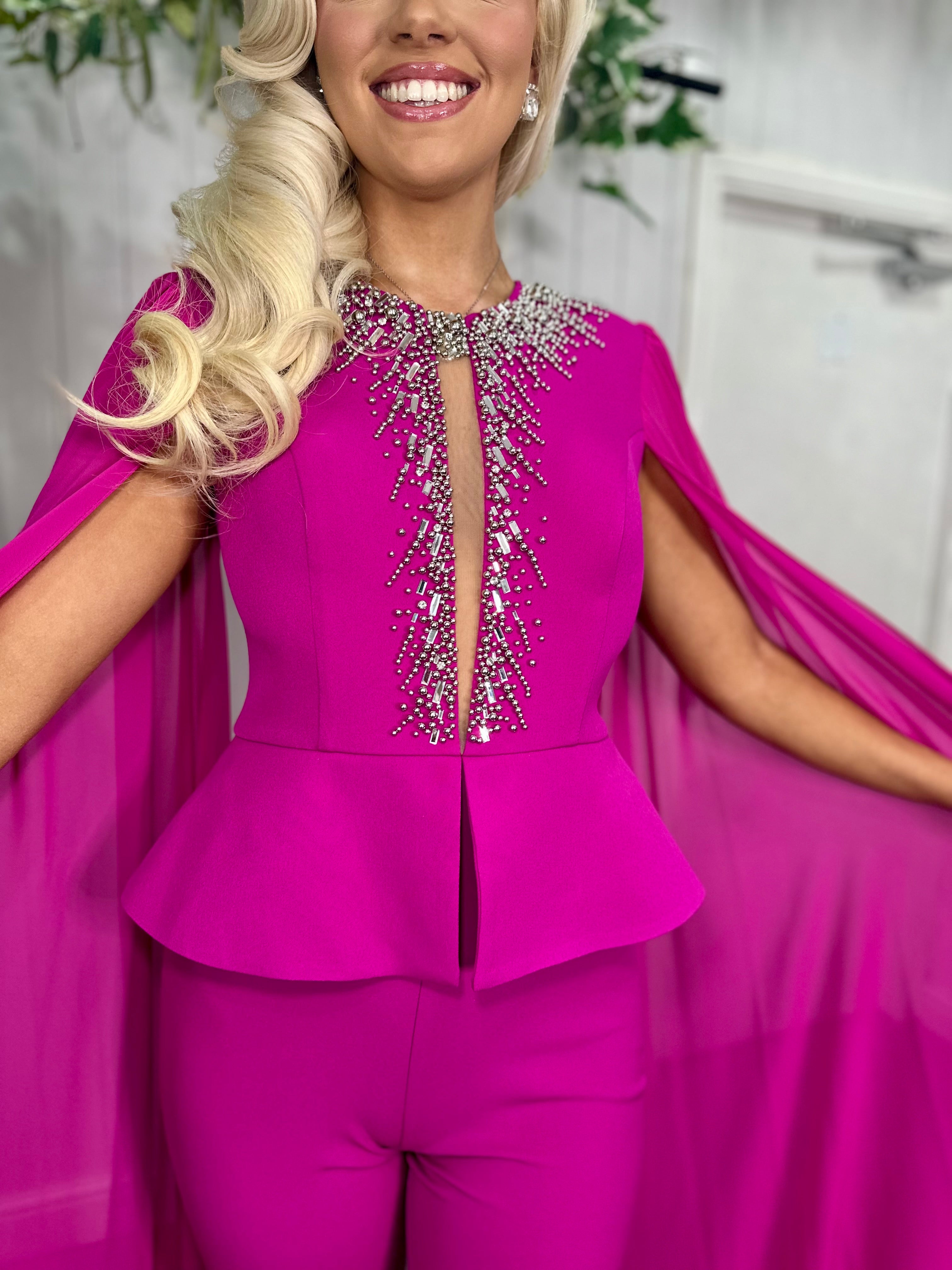 Fuchsia Embellished Cape Jumpsuit