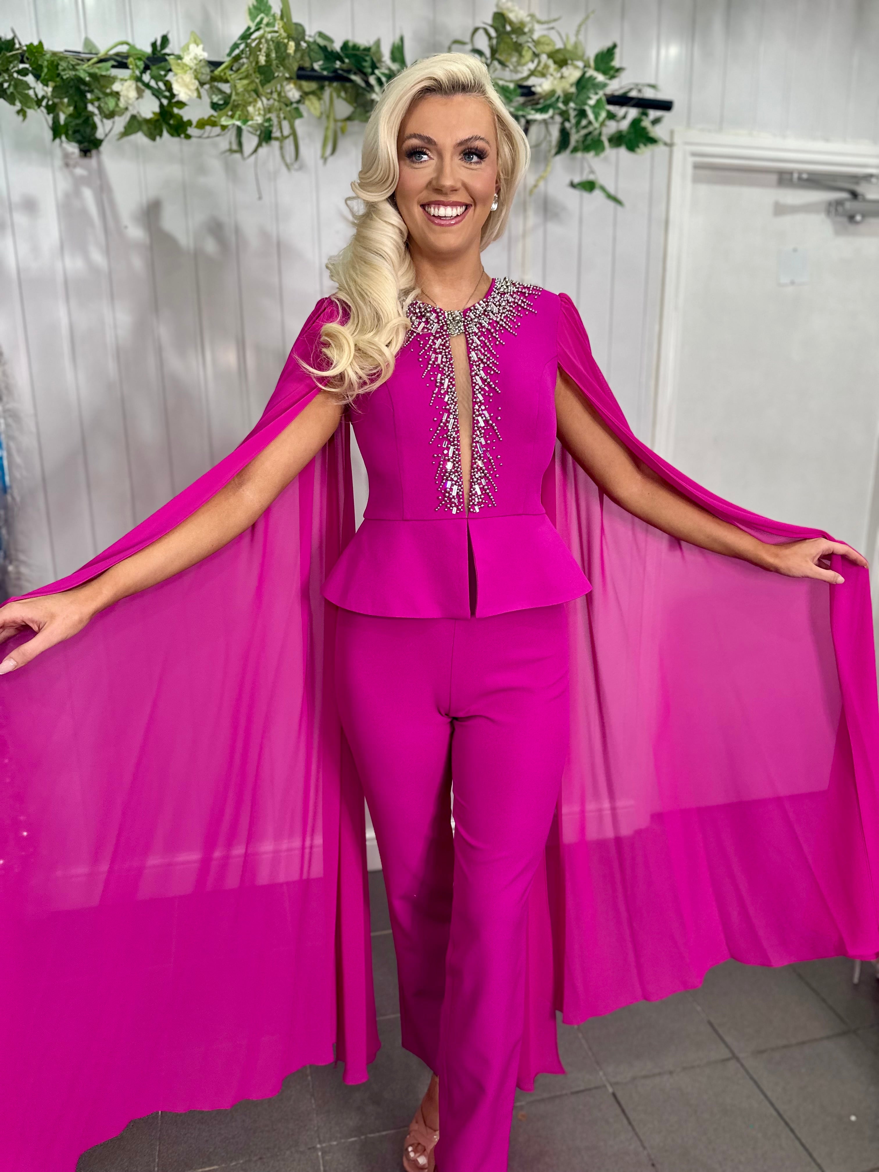 Fuchsia Embellished Cape Jumpsuit