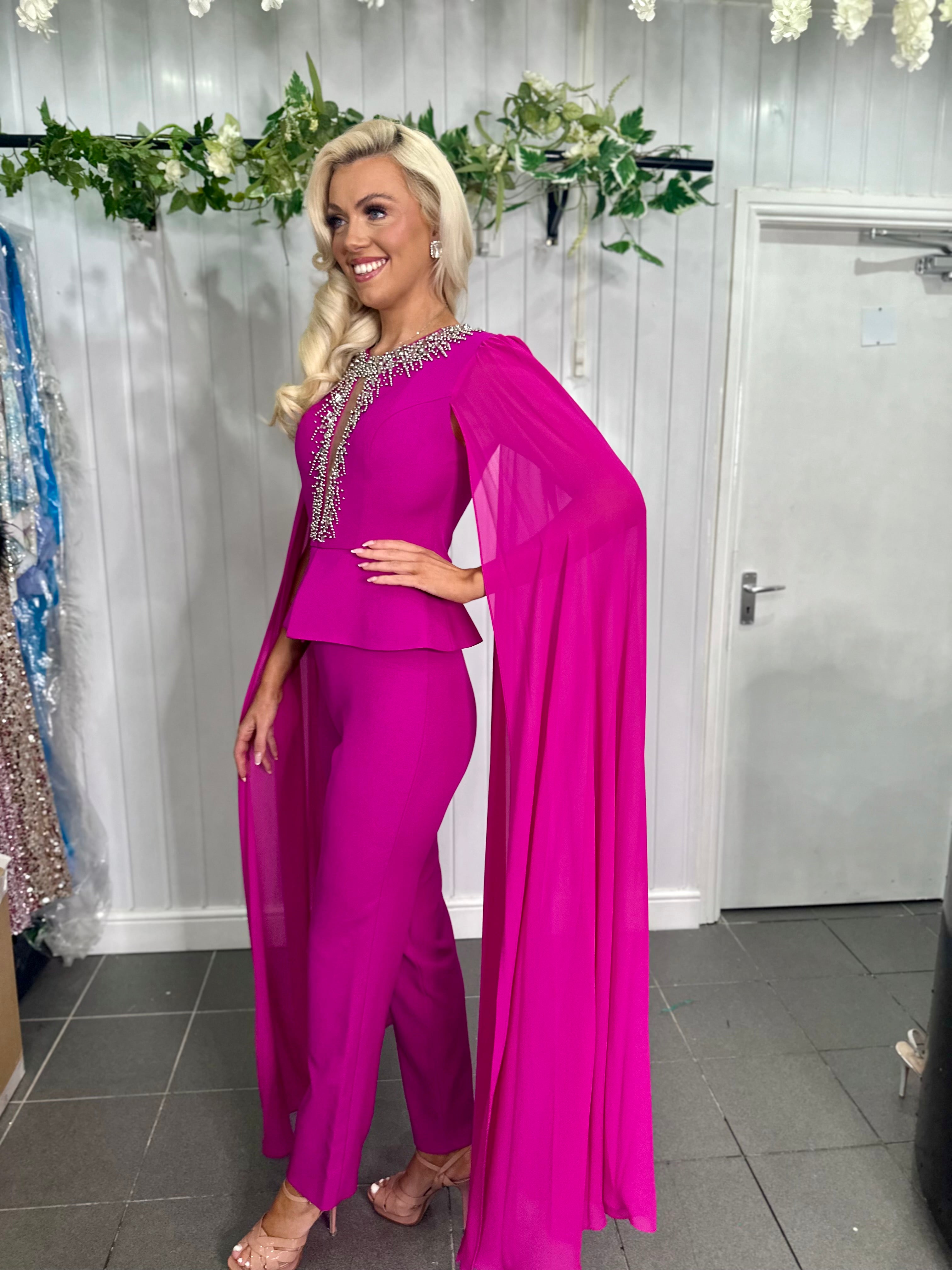 Fuchsia Embellished Cape Jumpsuit
