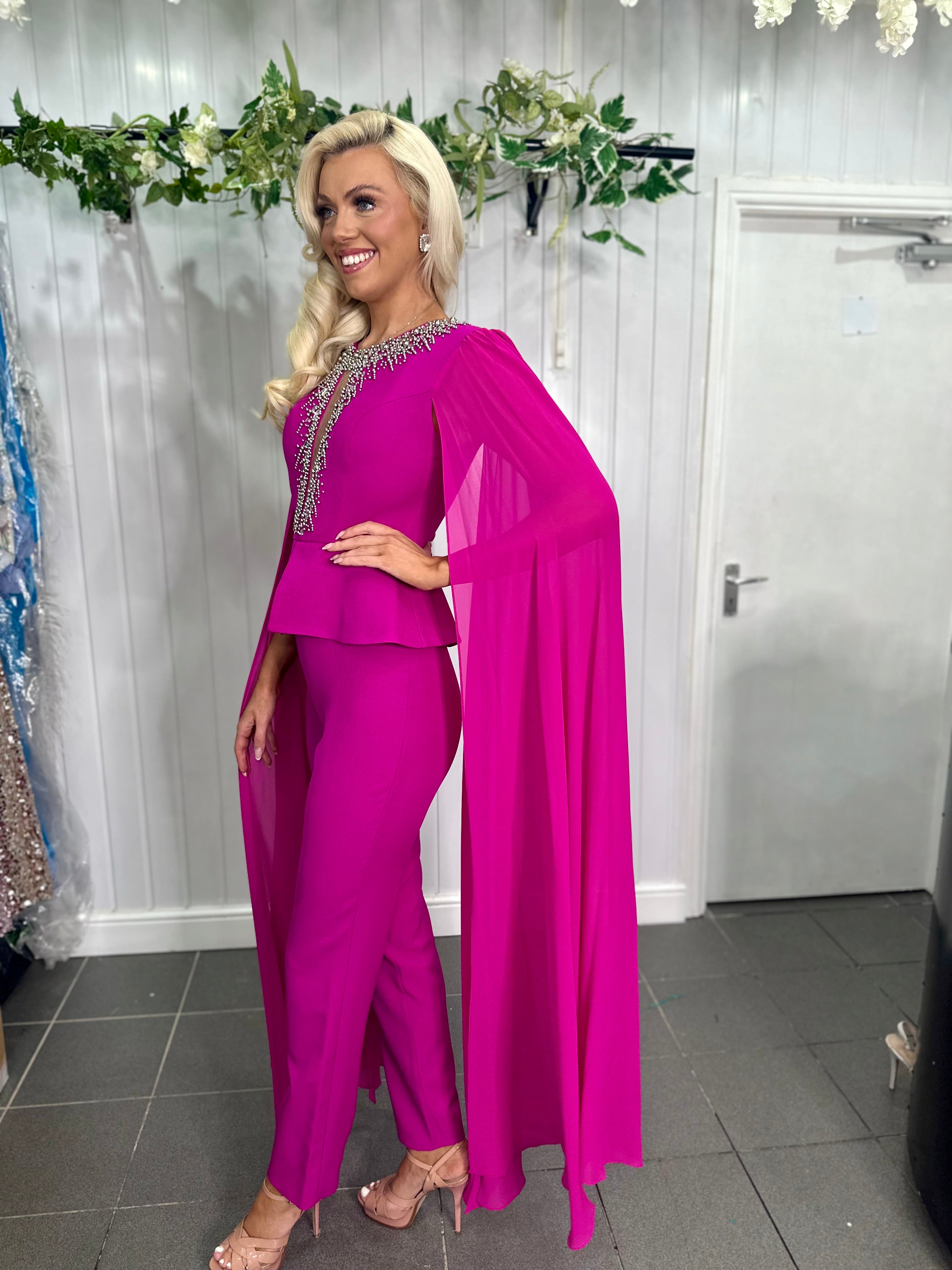 Fuchsia Embellished Cape Jumpsuit