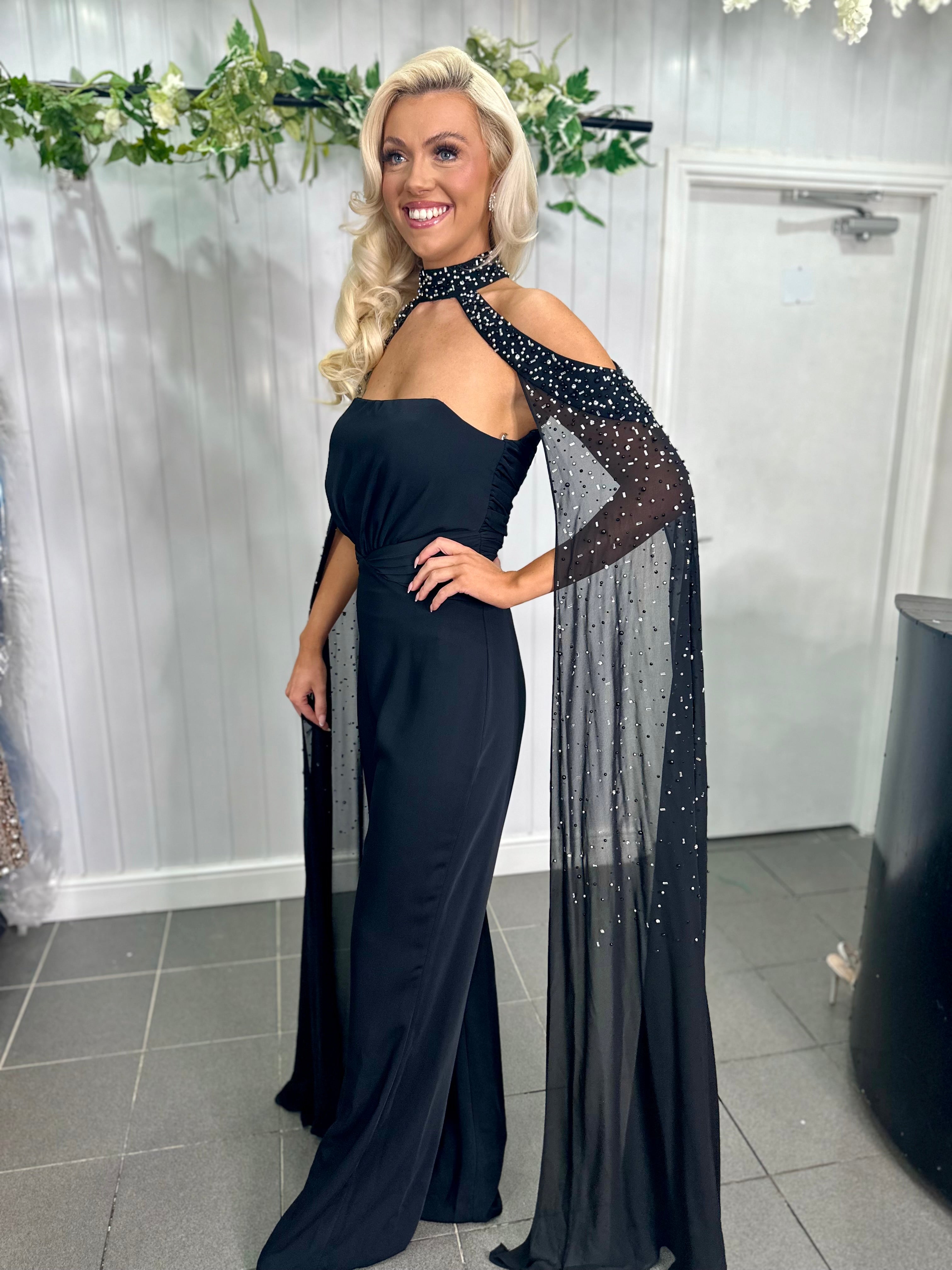 Black Embellished Cape Jumpsuit