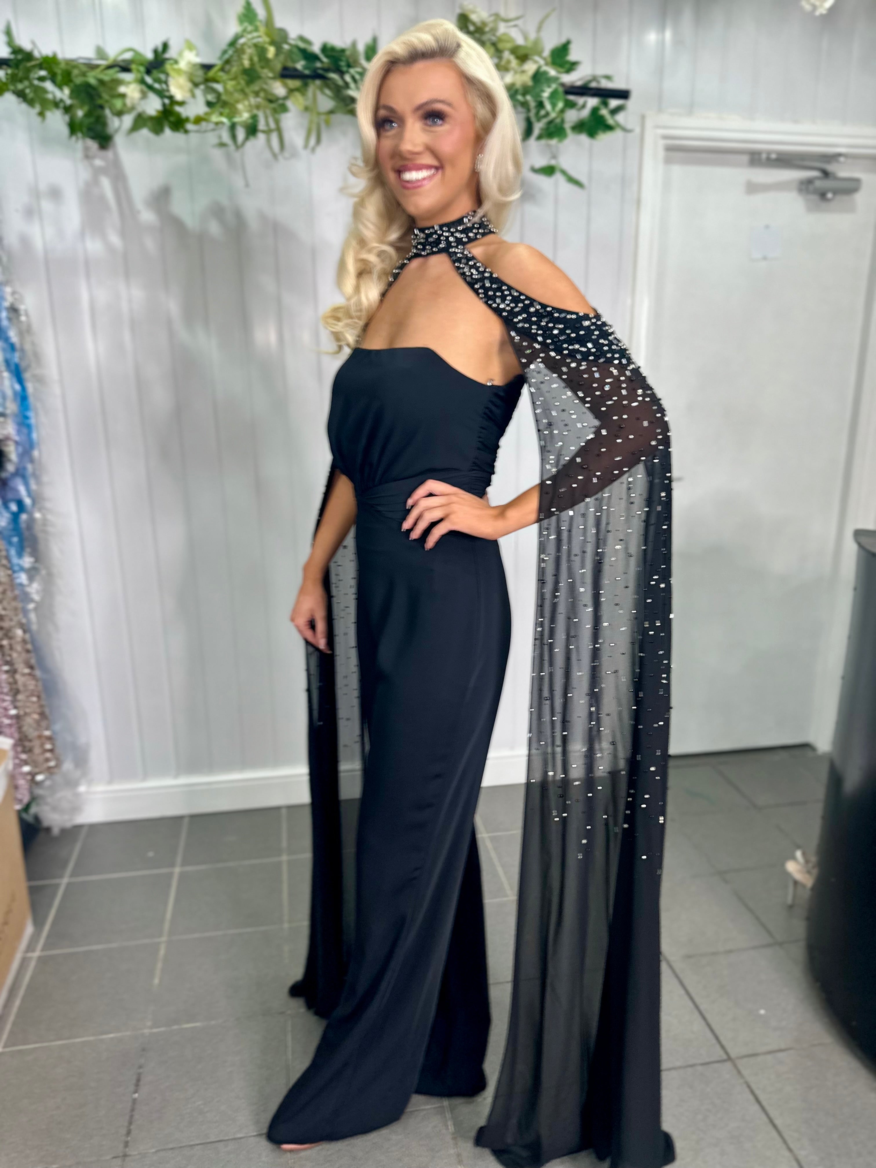 Black Embellished Cape Jumpsuit