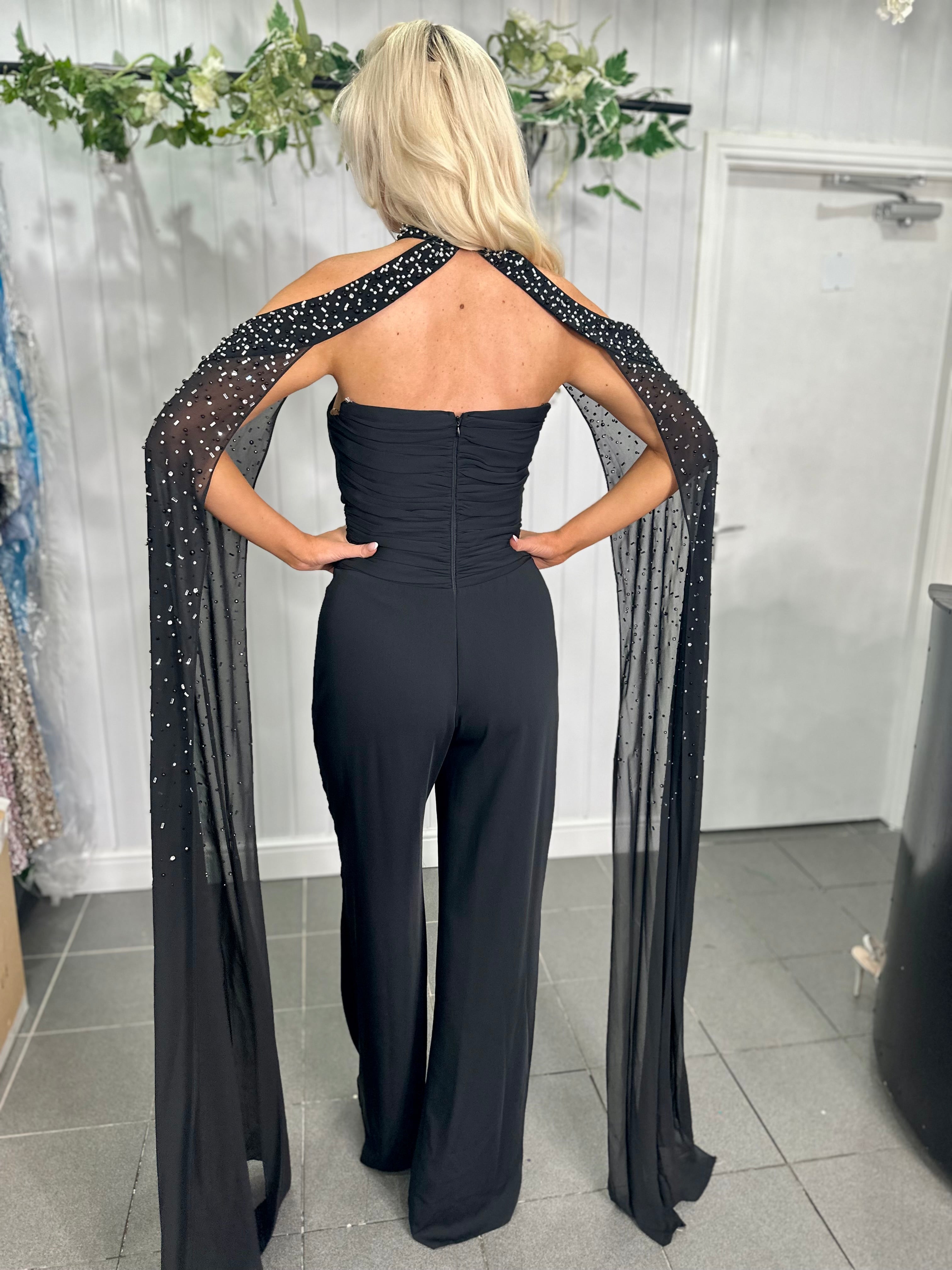 Black Embellished Cape Jumpsuit
