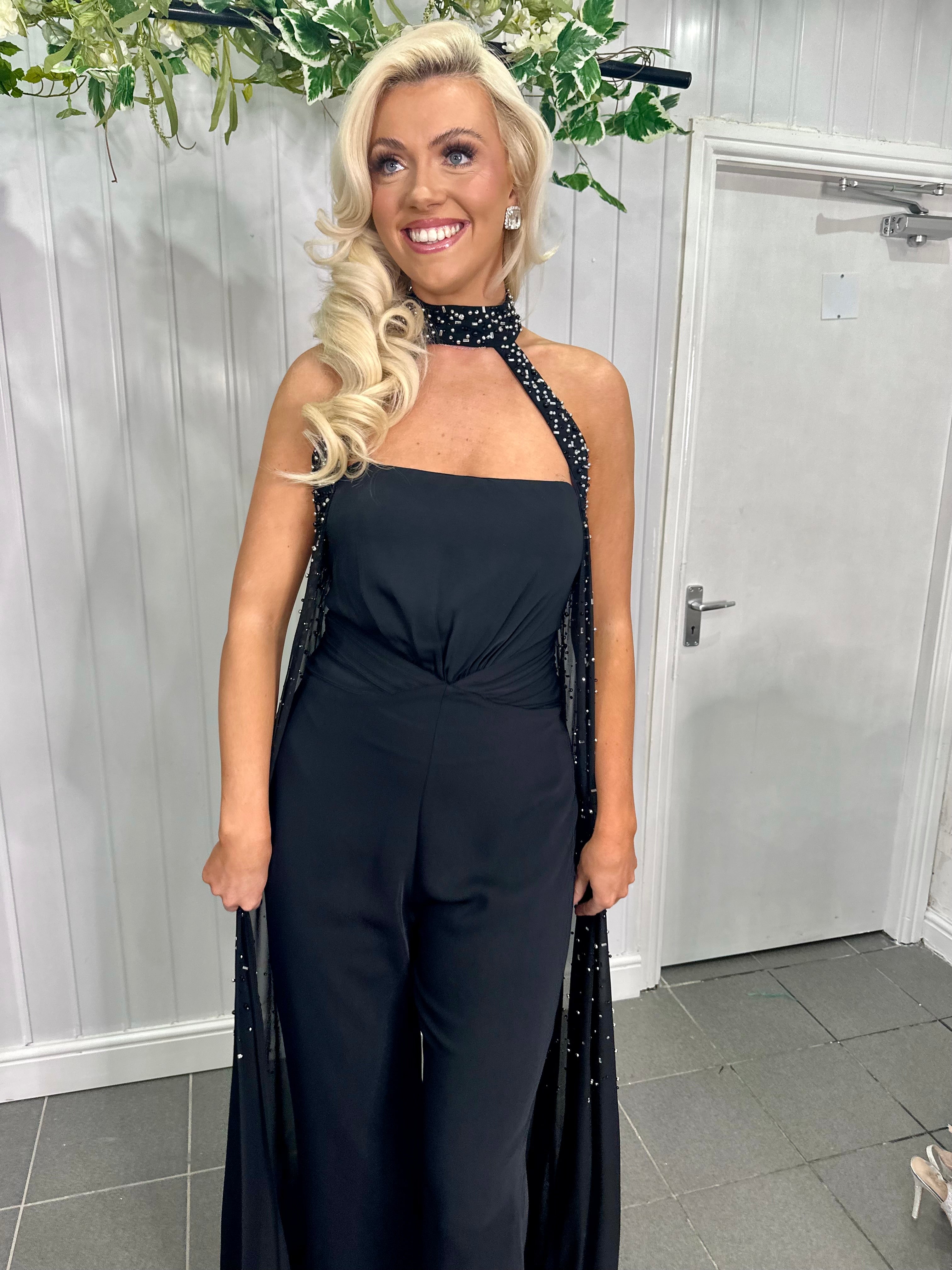 Black Embellished Cape Jumpsuit