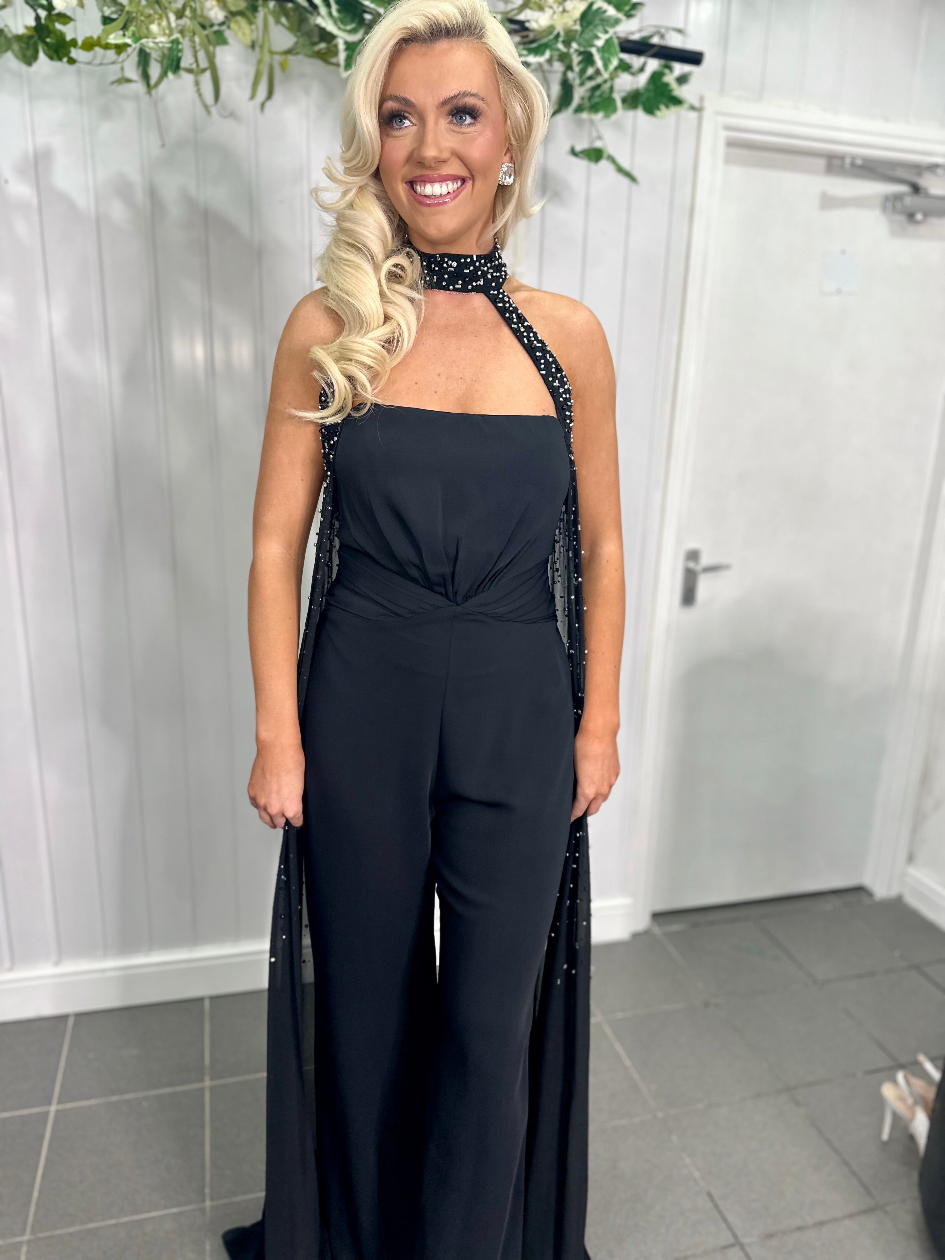 Black Embellished Cape Jumpsuit