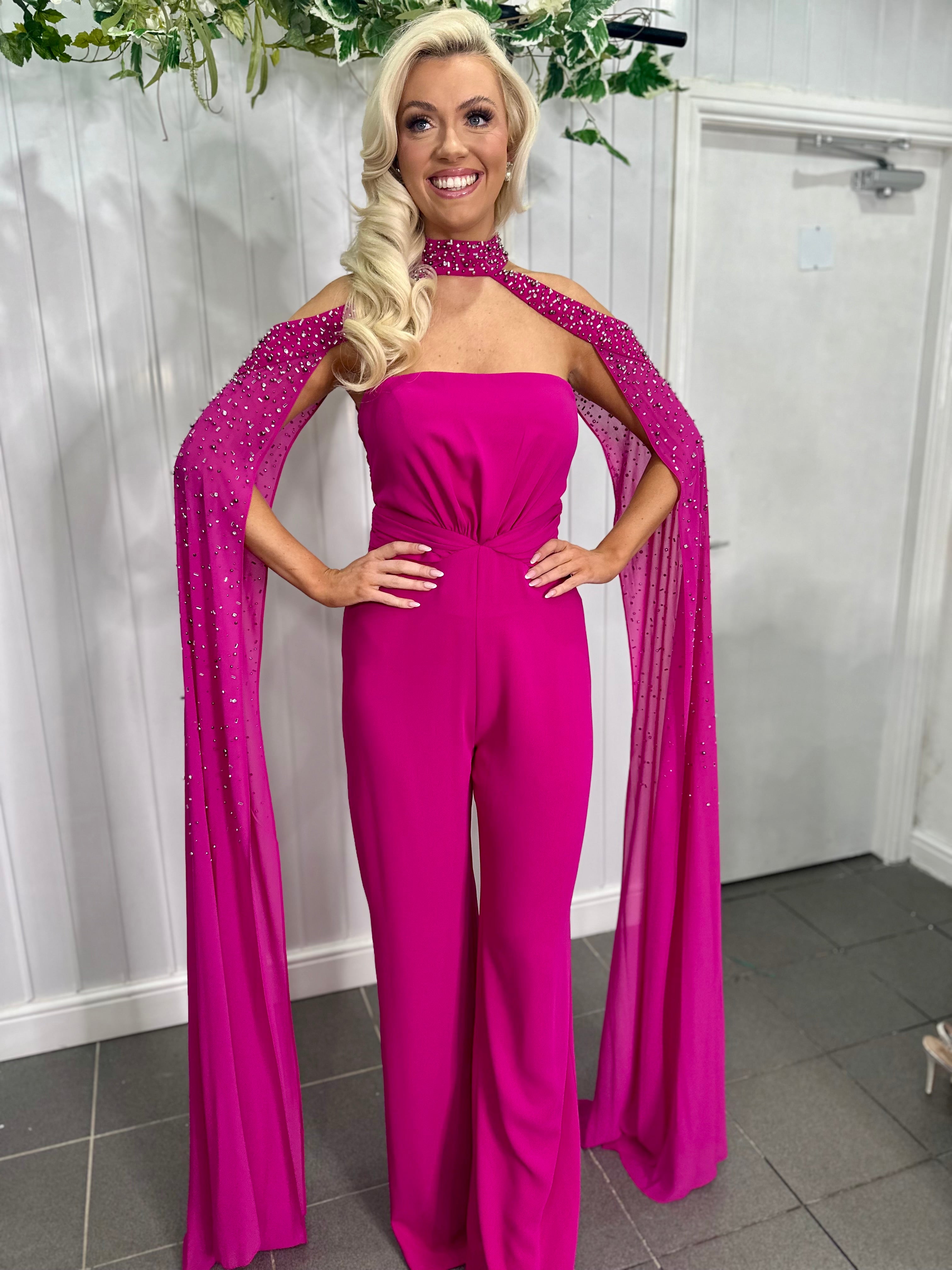 Fuchsia  Embellished Cape Jumpsuit