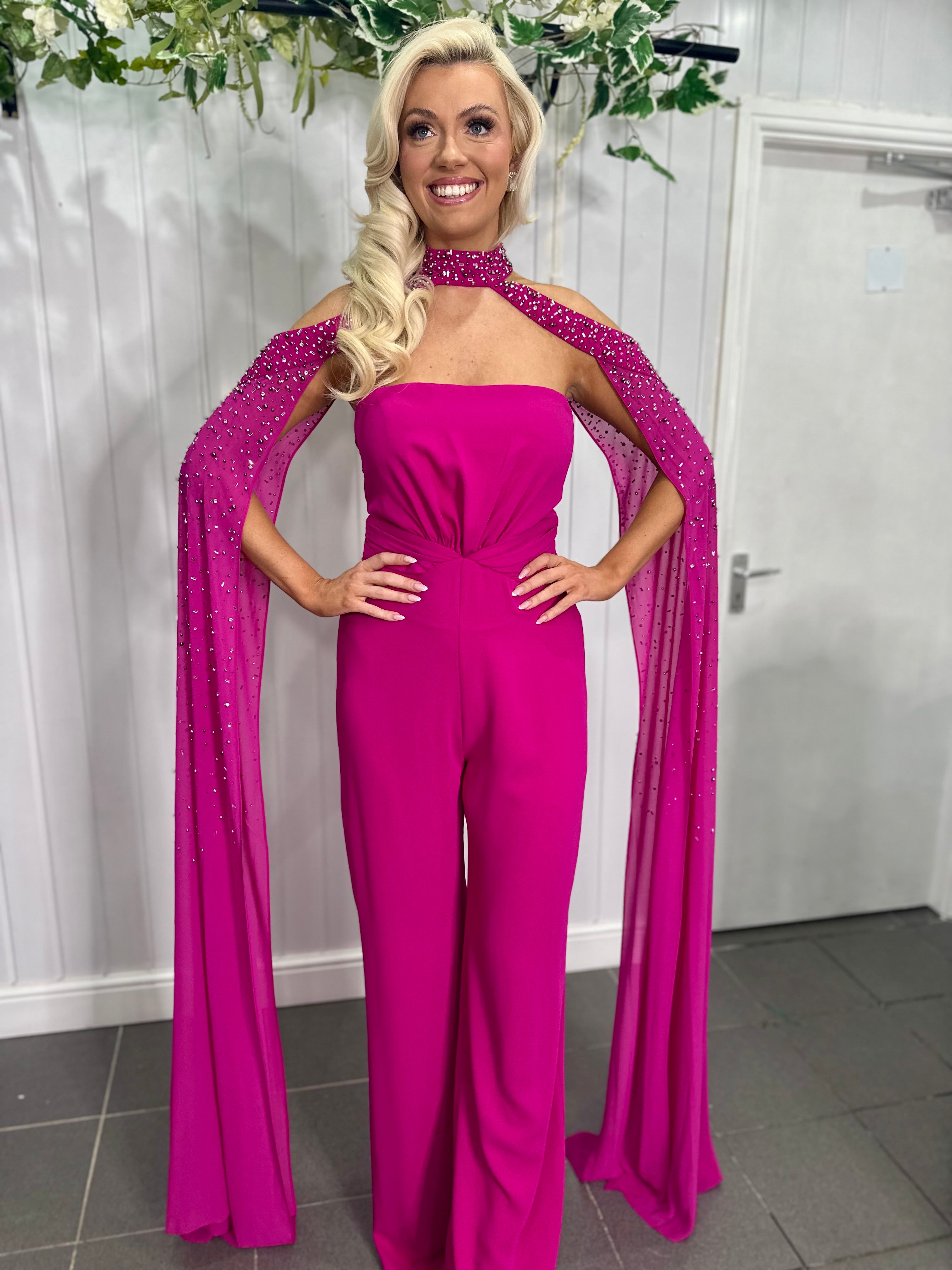 Fuchsia  Embellished Cape Jumpsuit