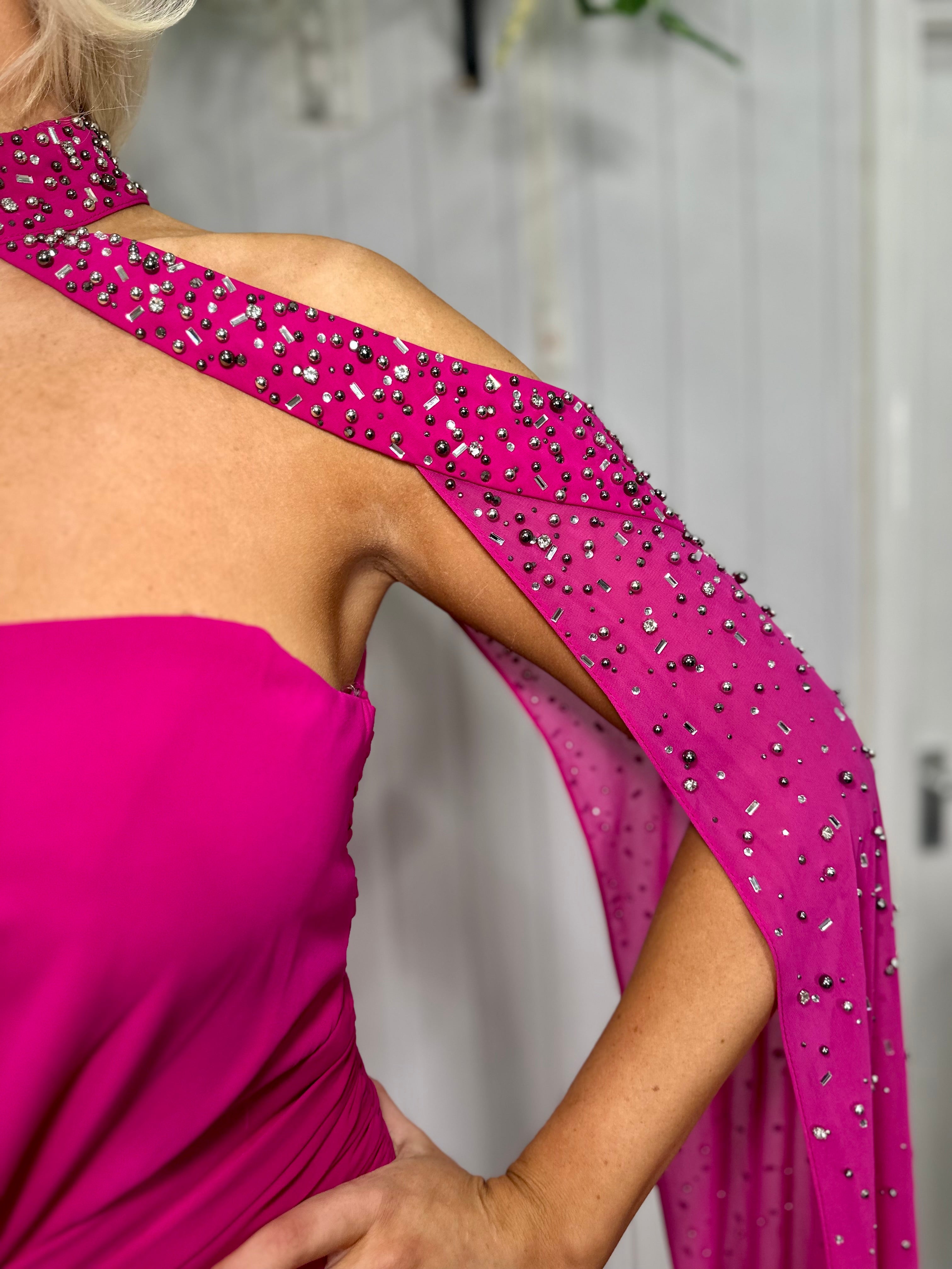 Fuchsia  Embellished Cape Jumpsuit