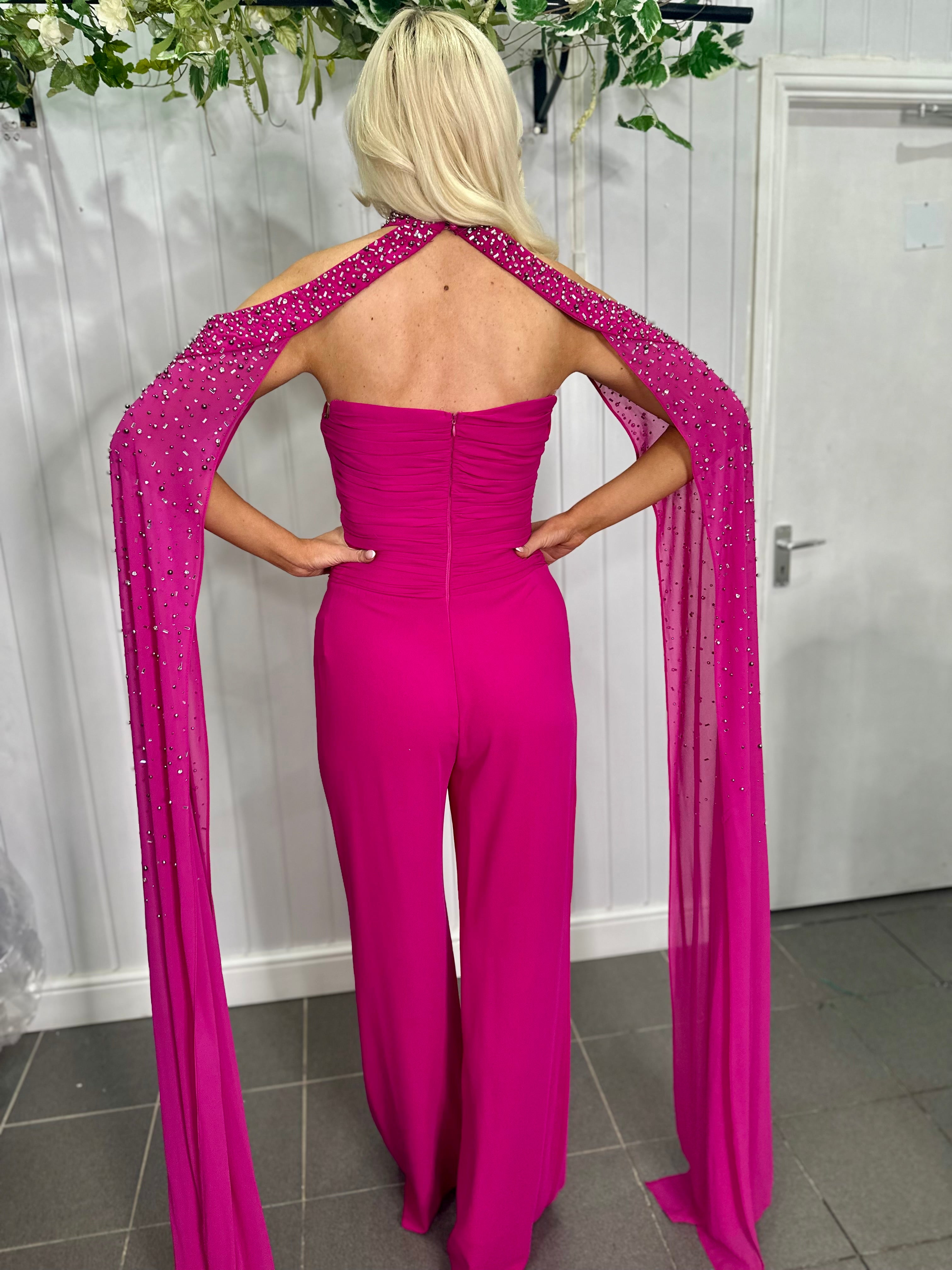 Fuchsia  Embellished Cape Jumpsuit