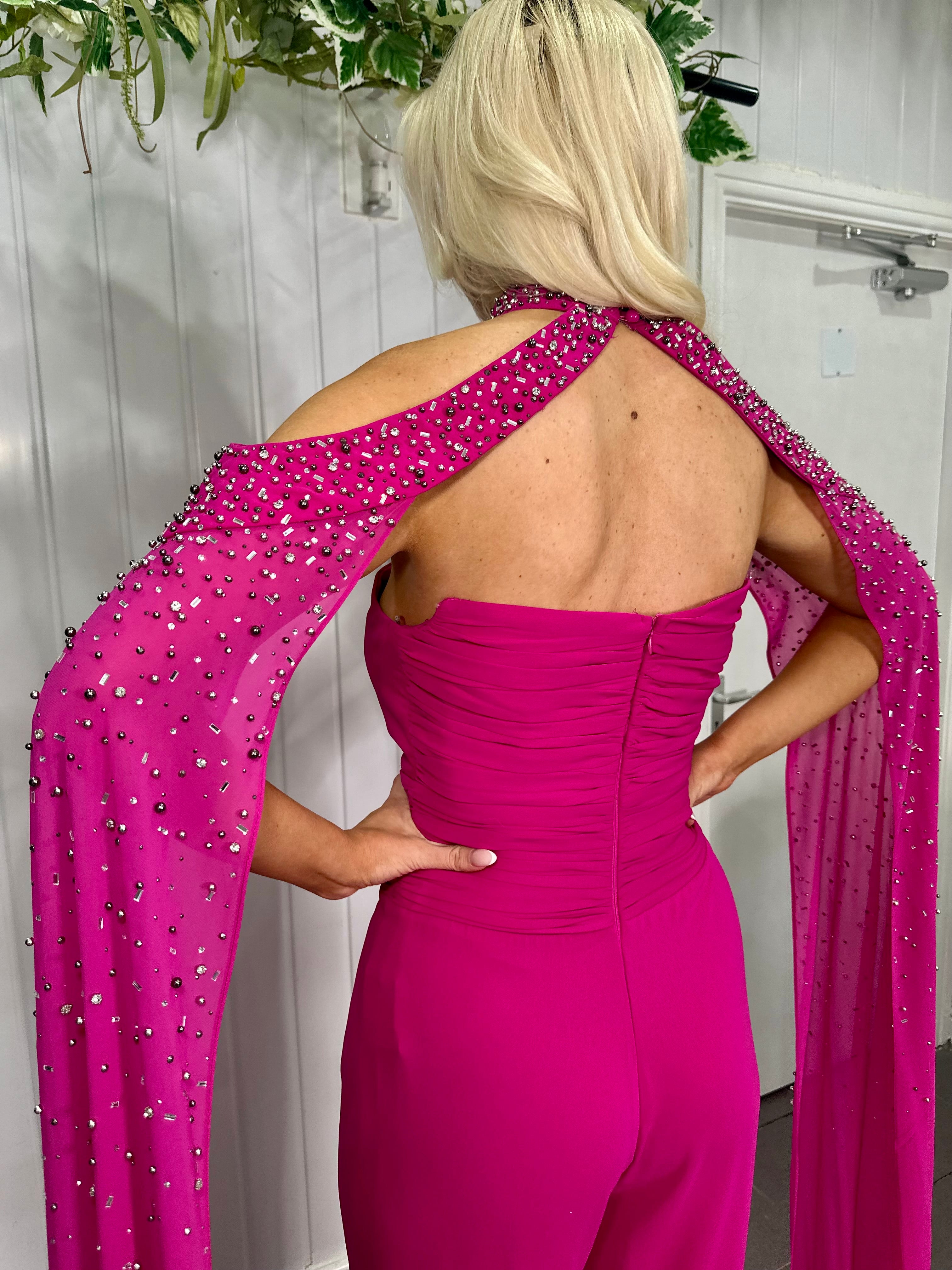 Fuchsia  Embellished Cape Jumpsuit