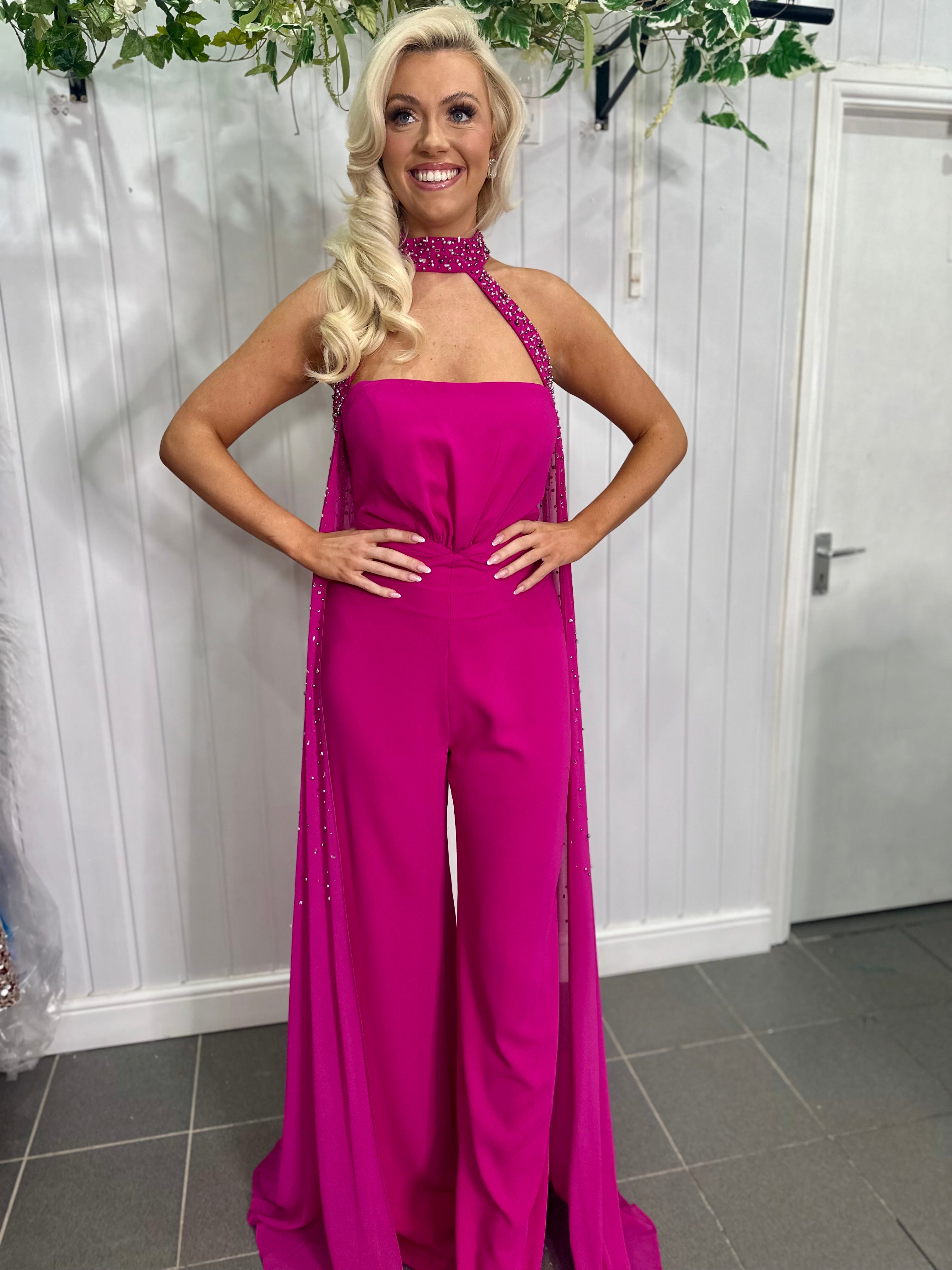 Fuchsia  Embellished Cape Jumpsuit