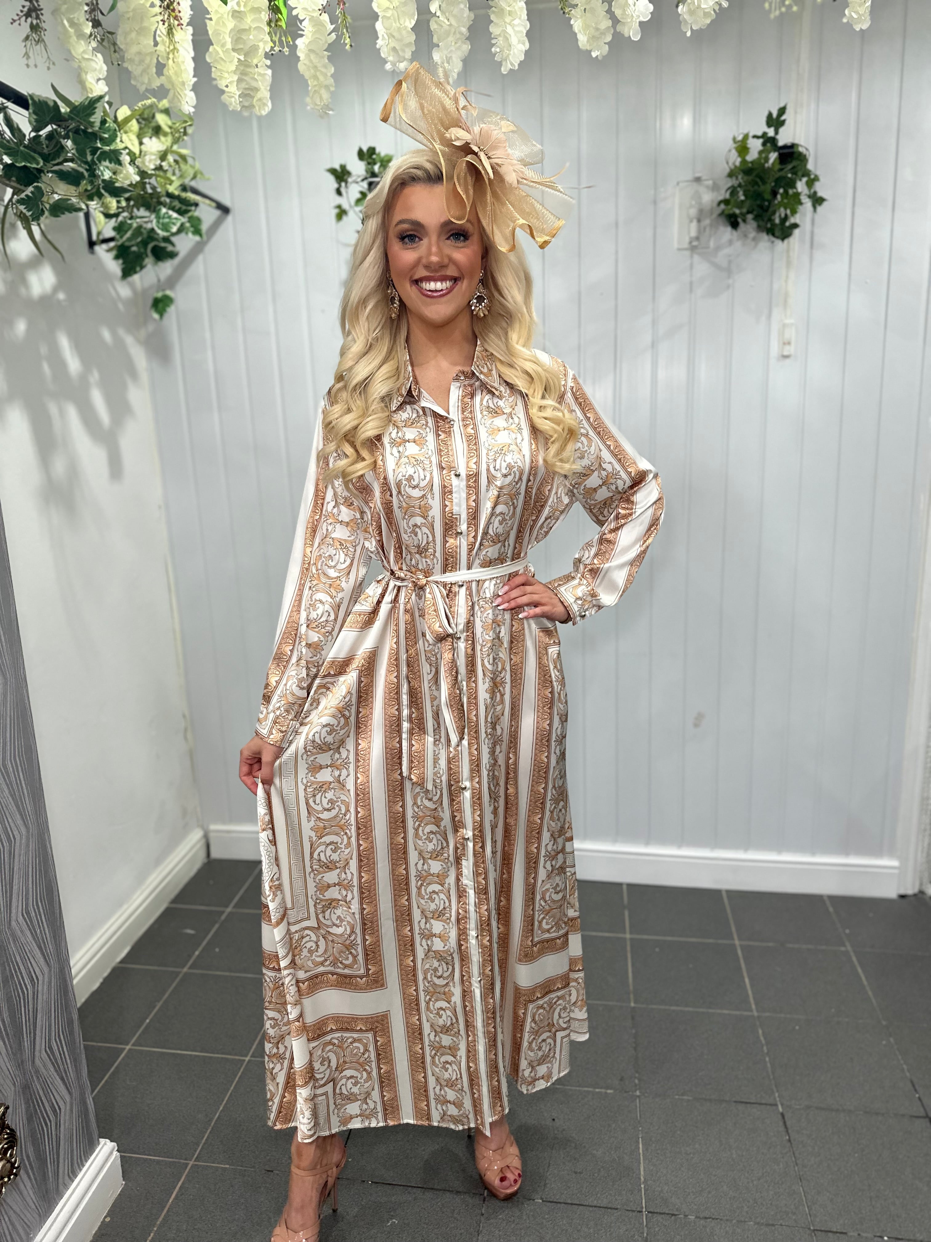 Ivory and Gold Baroque Midi Dress with Detachable Belt