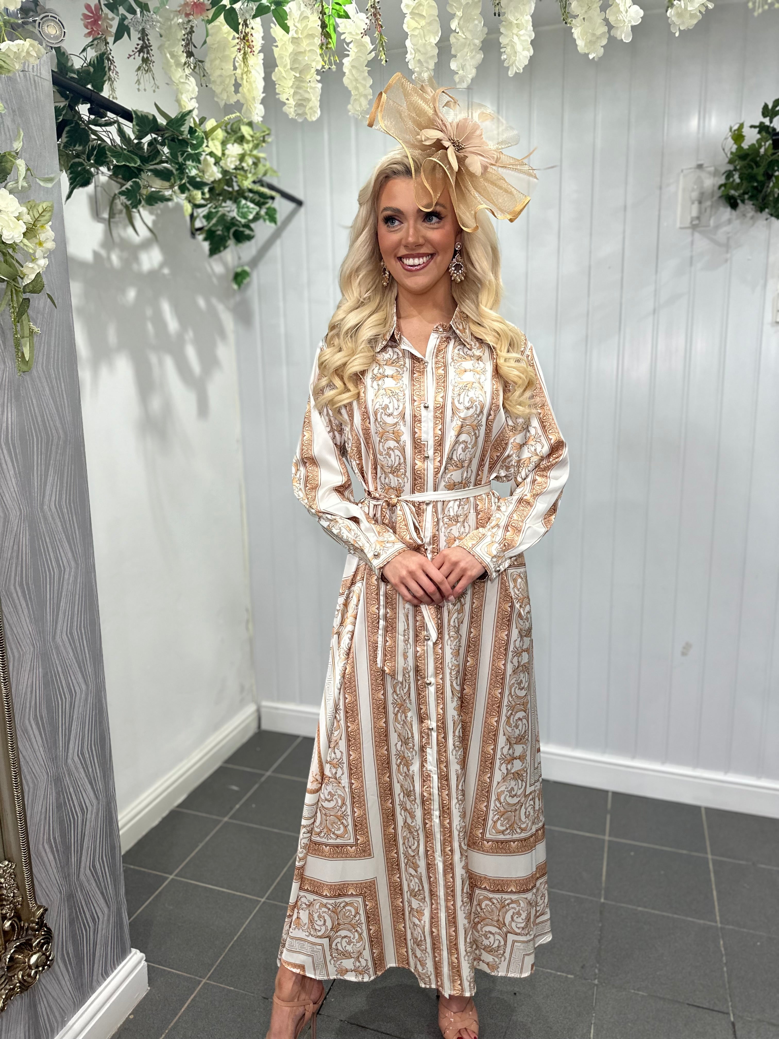 Ivory and Gold Baroque Midi Dress with Detachable Belt