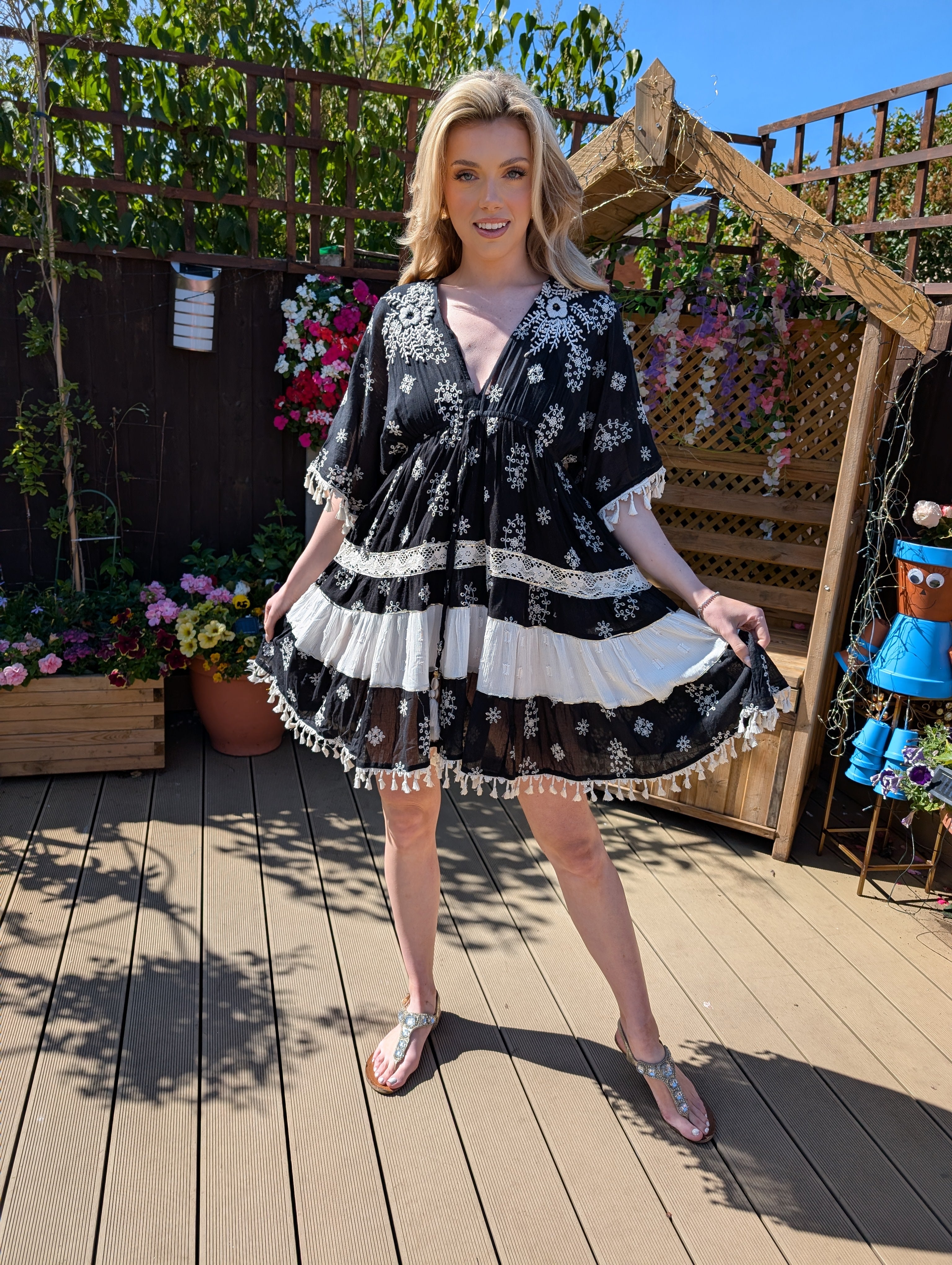 Black & white Embroidered Tassel Dress