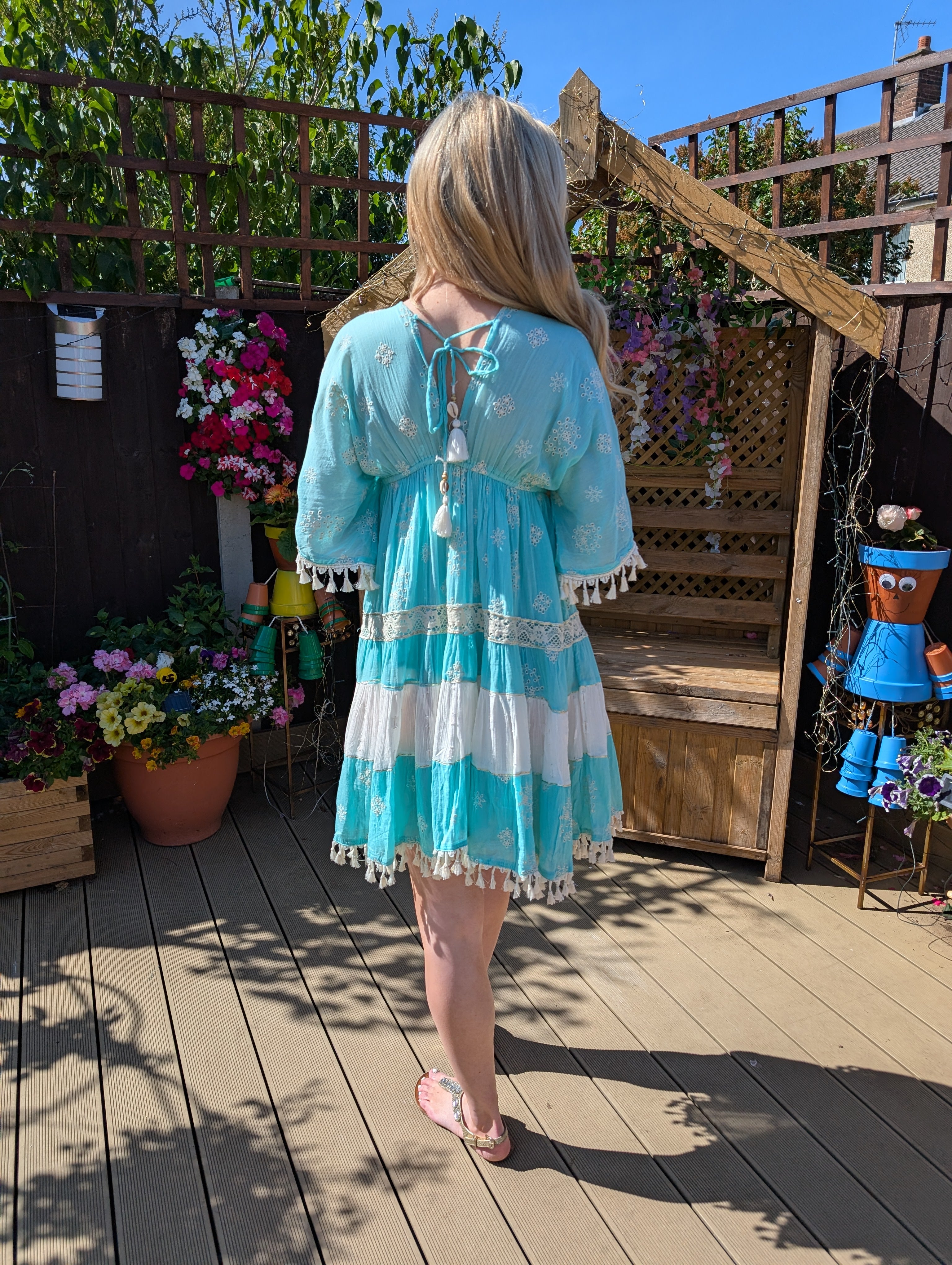 Turquoise & white Embroidered Tassel Dress