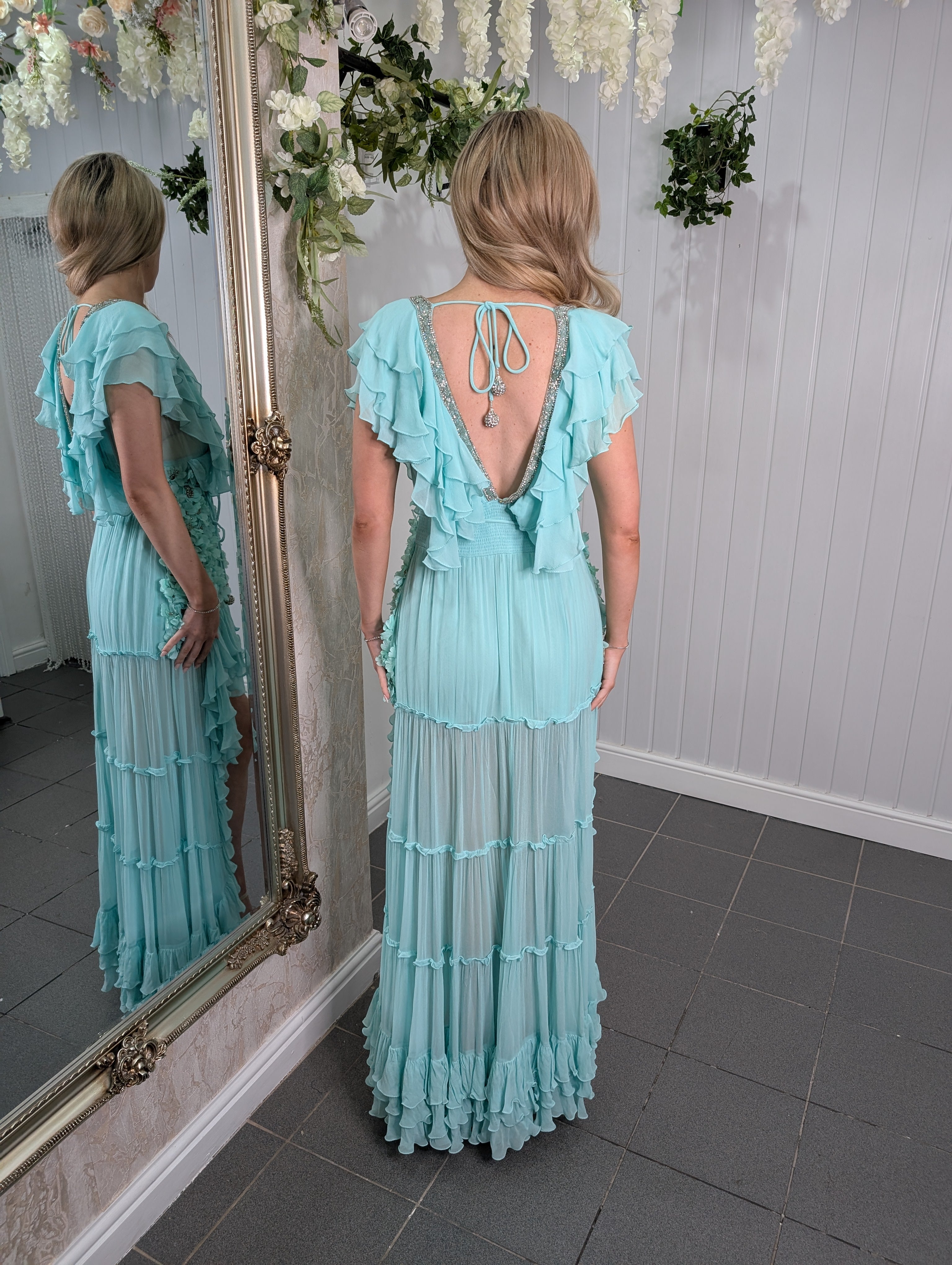 Diamond for Eden - Mint Green Embellished Flower Hi Low Dress