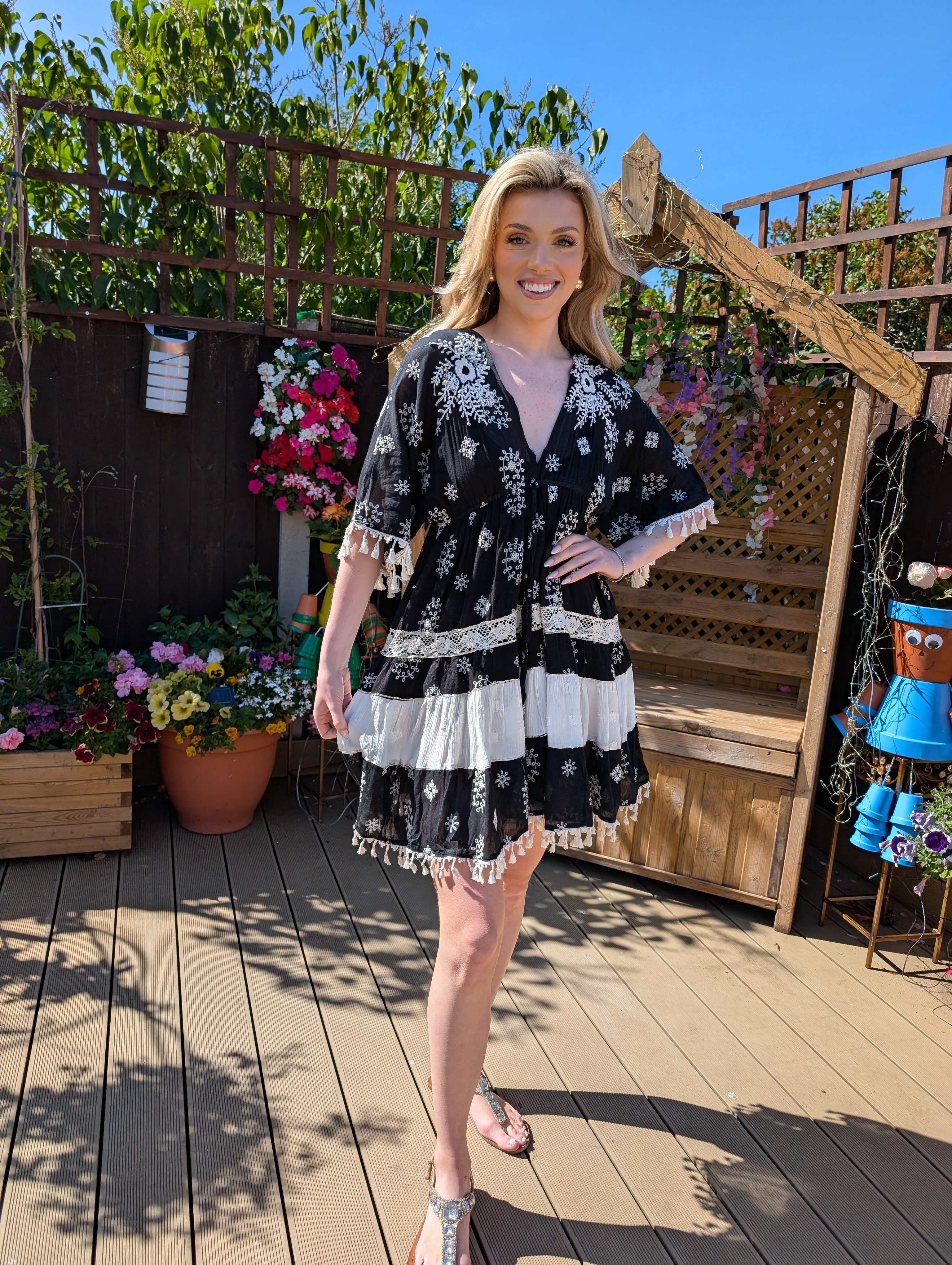 Black & white Embroidered Tassel Dress