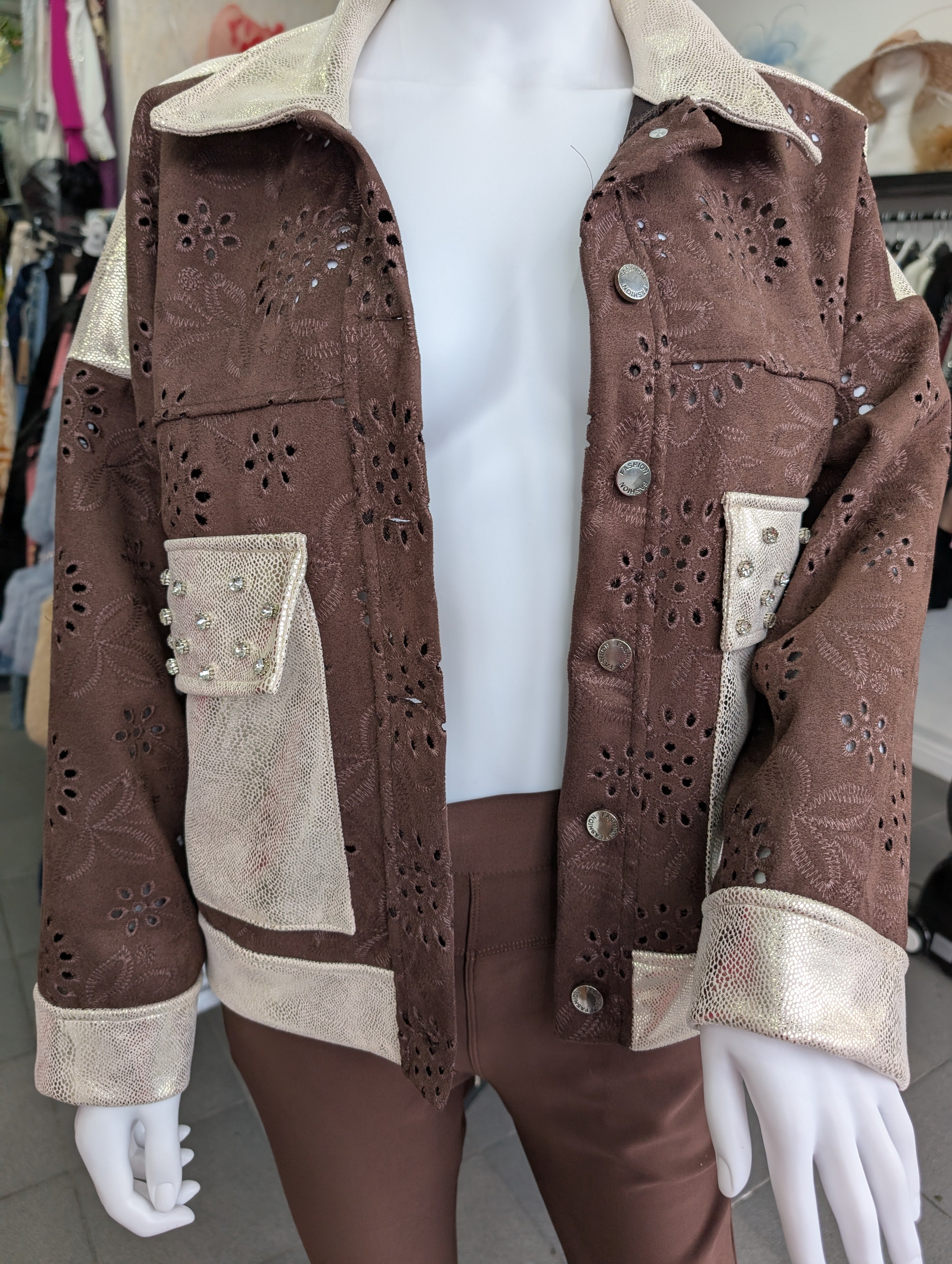 Chocolate Brown Suede Metallic Diamante Jacket