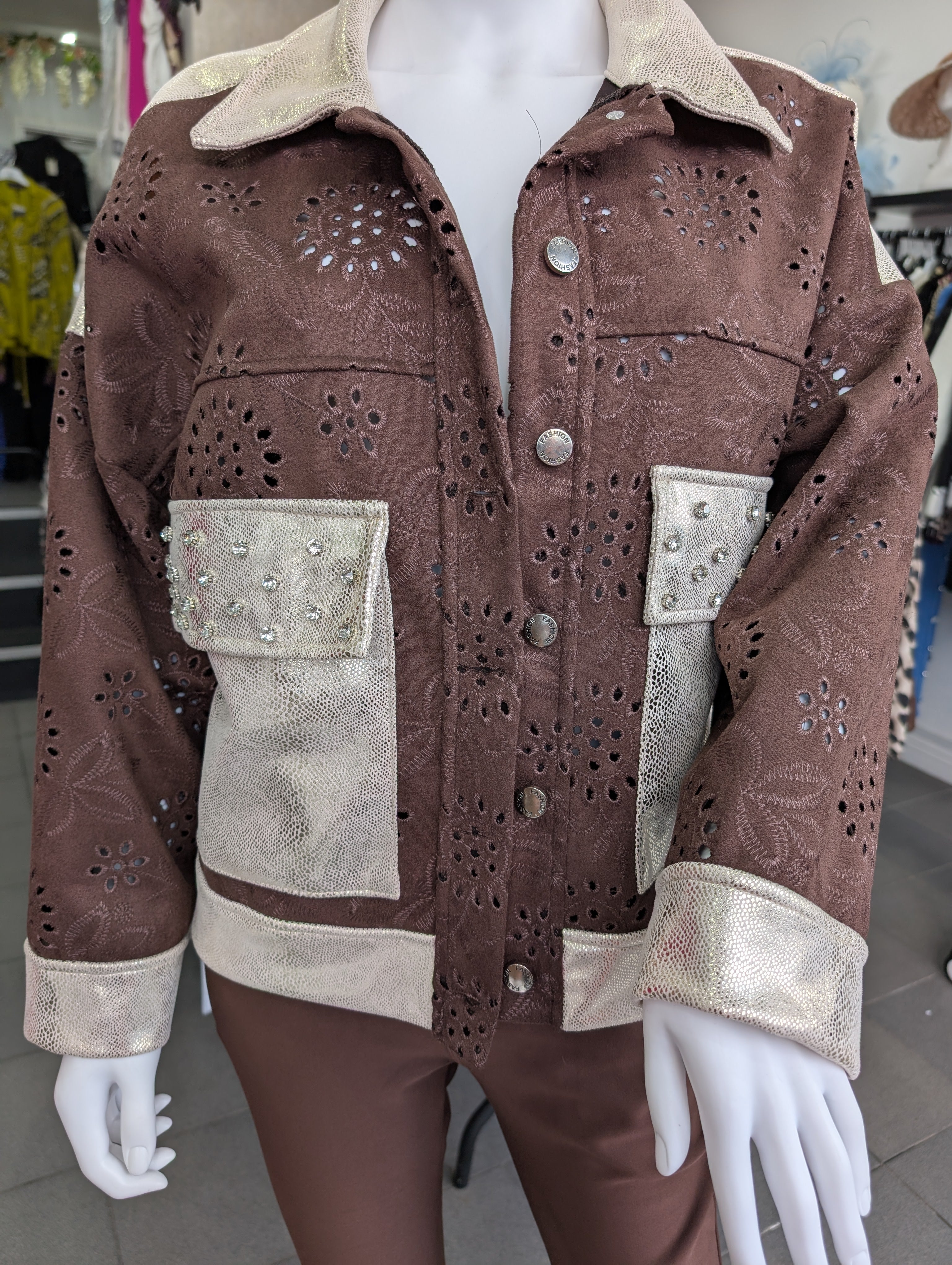 Chocolate Brown Suede Metallic Diamante Jacket