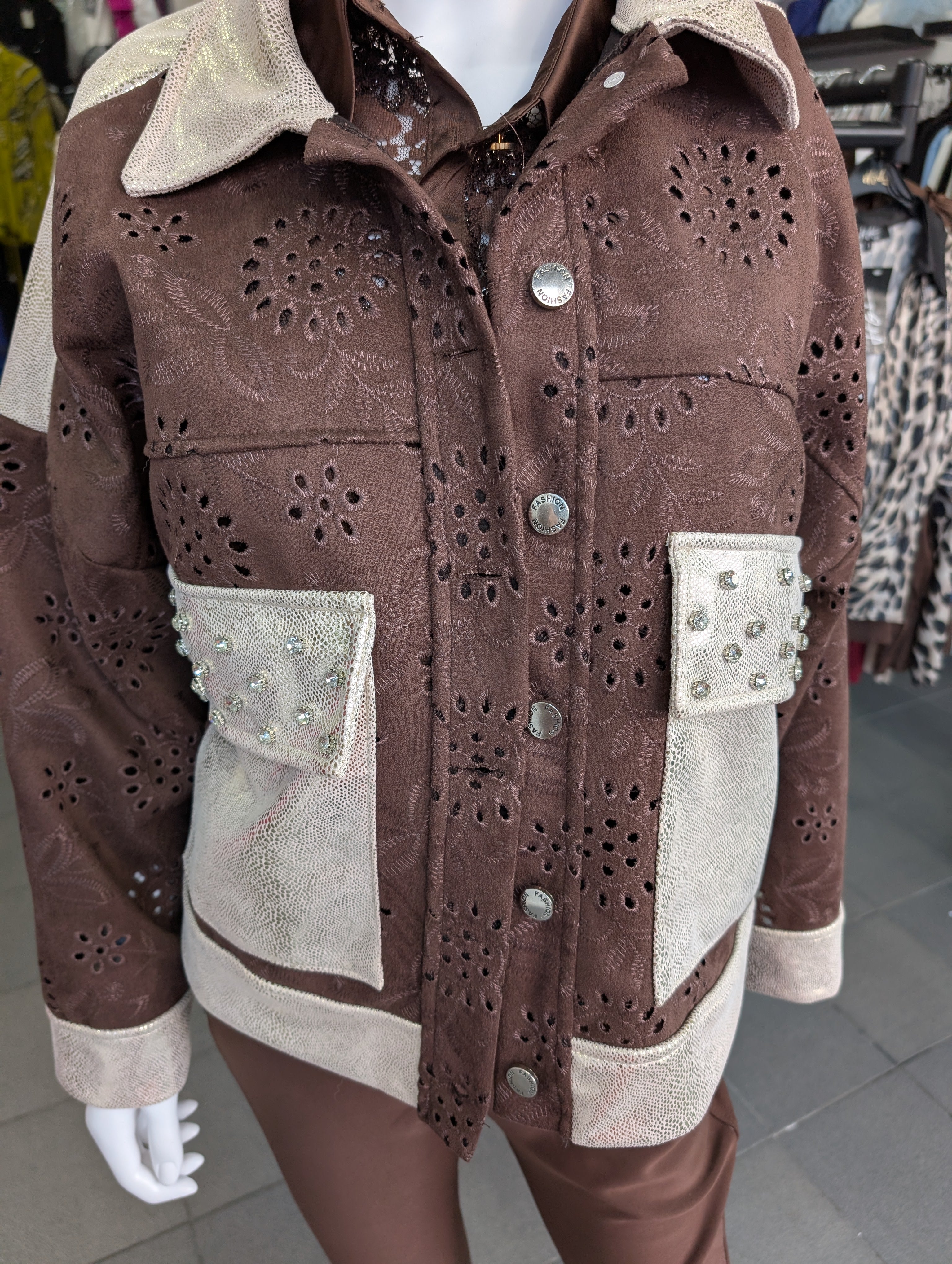 Chocolate Brown Suede Metallic Diamante Jacket