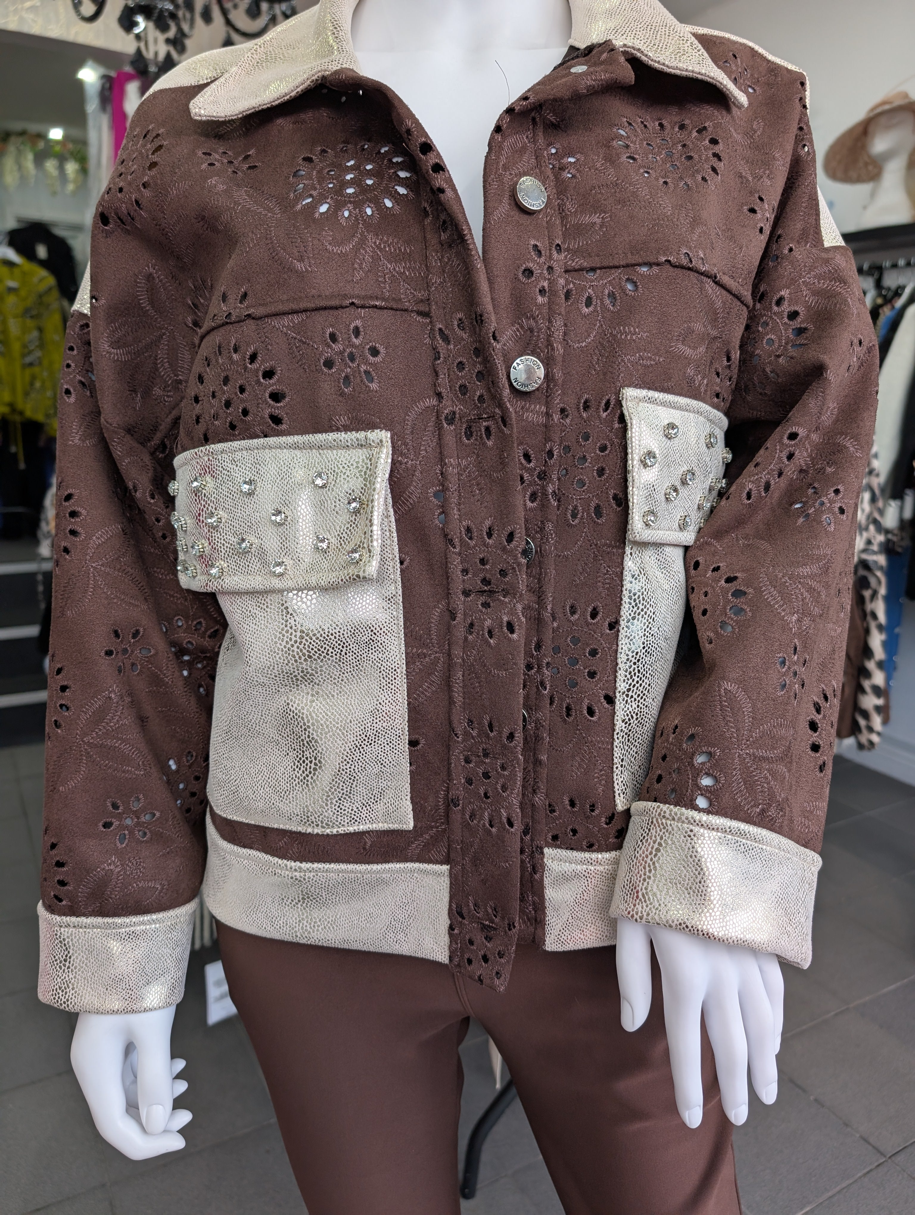 Chocolate Brown Suede Metallic Diamante Jacket