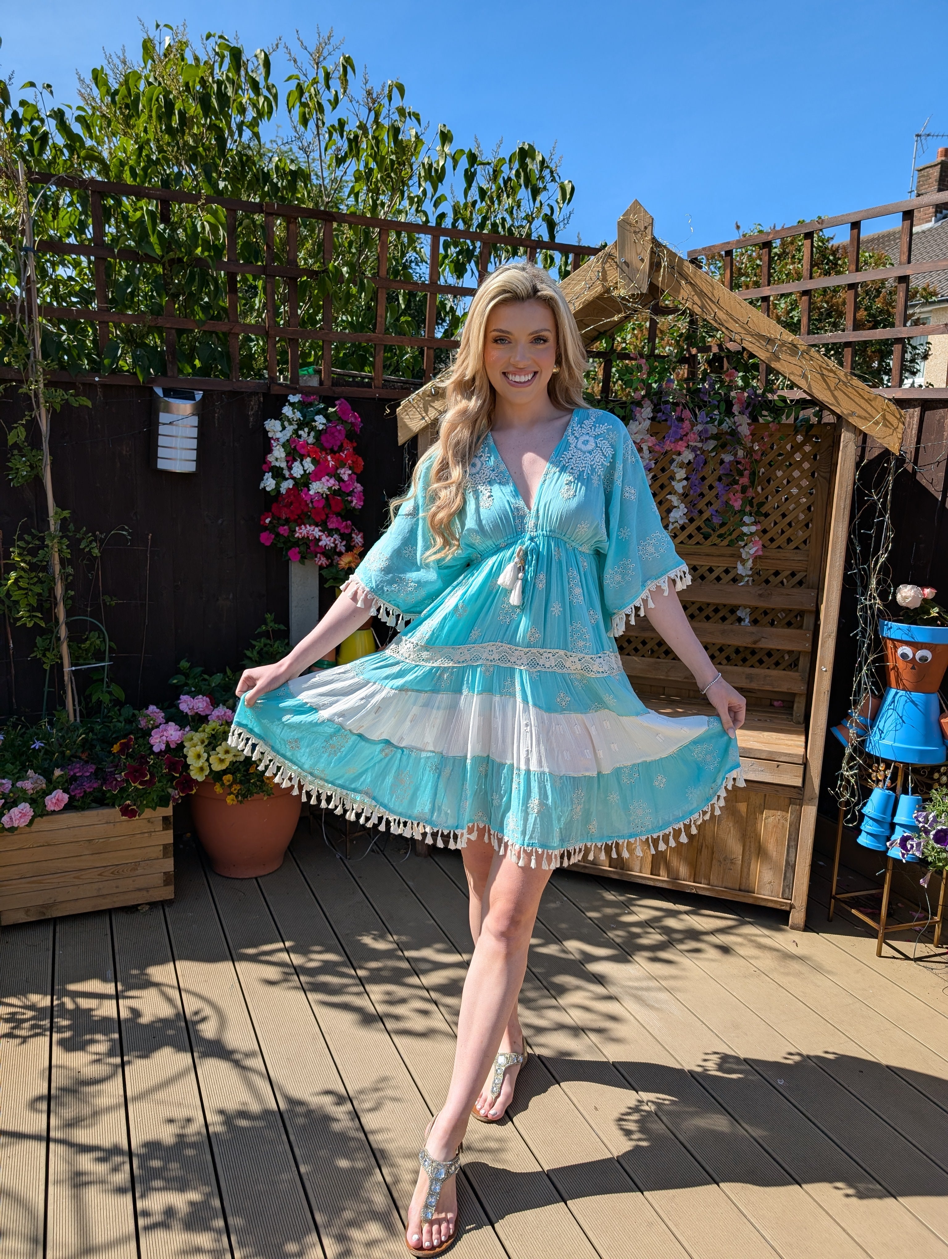 Turquoise & white Embroidered Tassel Dress