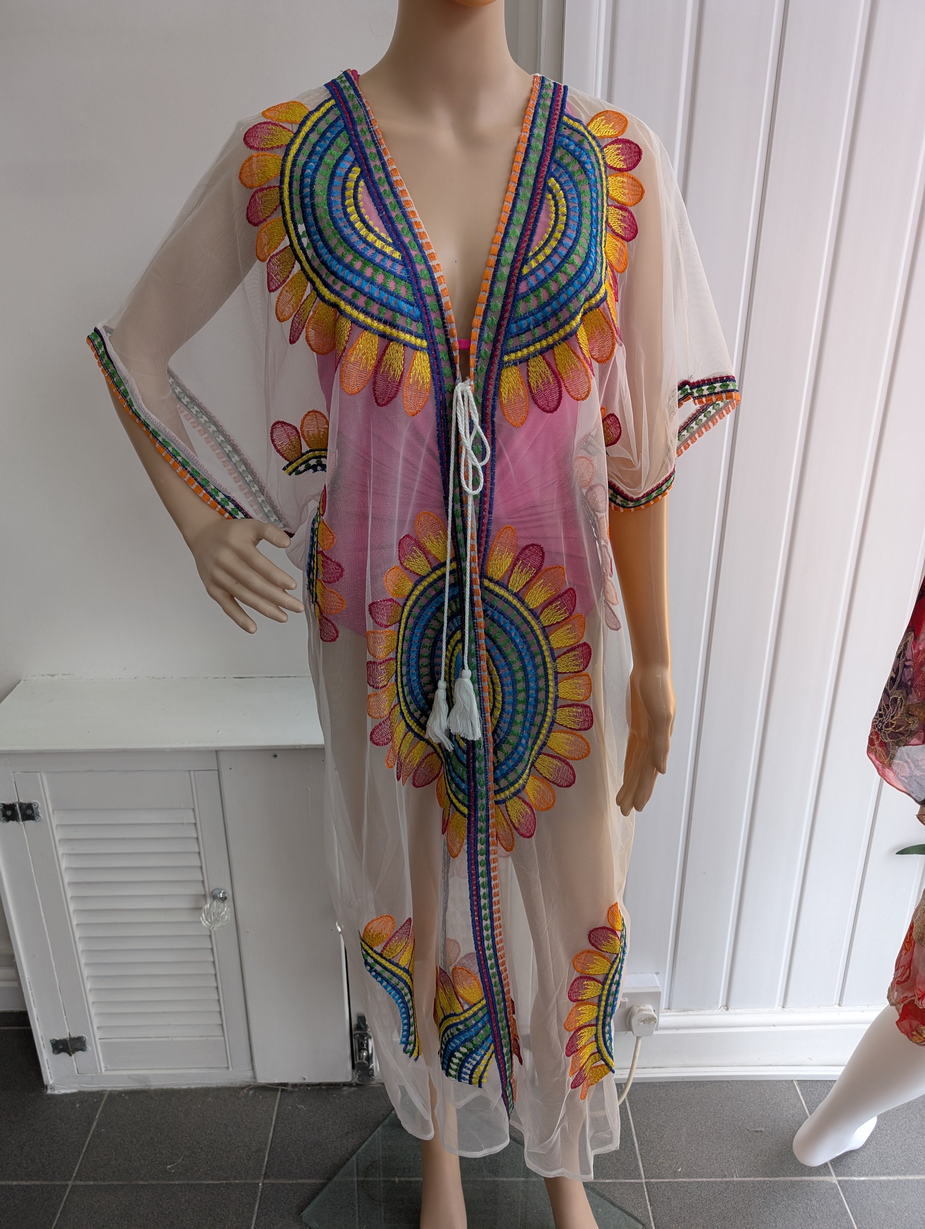 White Multicoloured Embroidered Kaftan